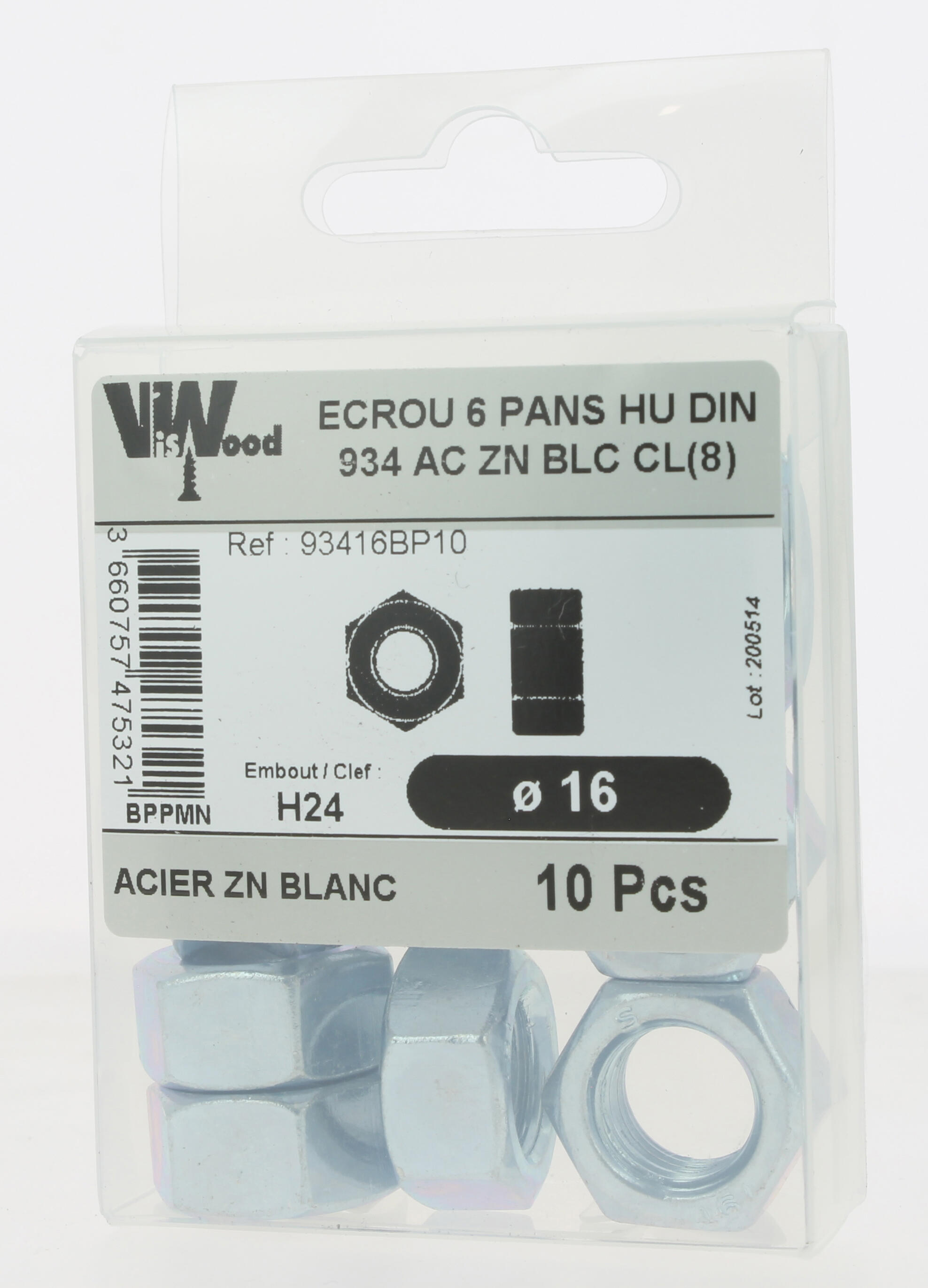 Écrous hexagonaux DIN934 zingué M16 10 pièces - VISWOOD - 3