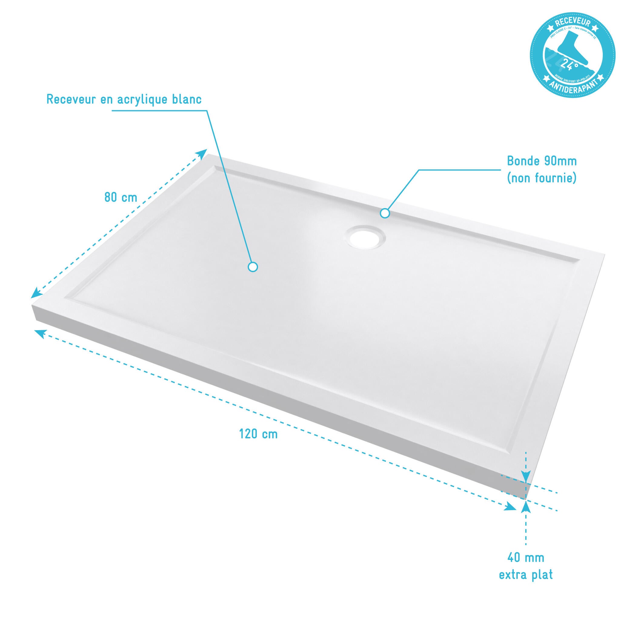 Receveur de douche L.120 x l.80 cm Ep.4 cm acrylique blanc - AURLANE - 5