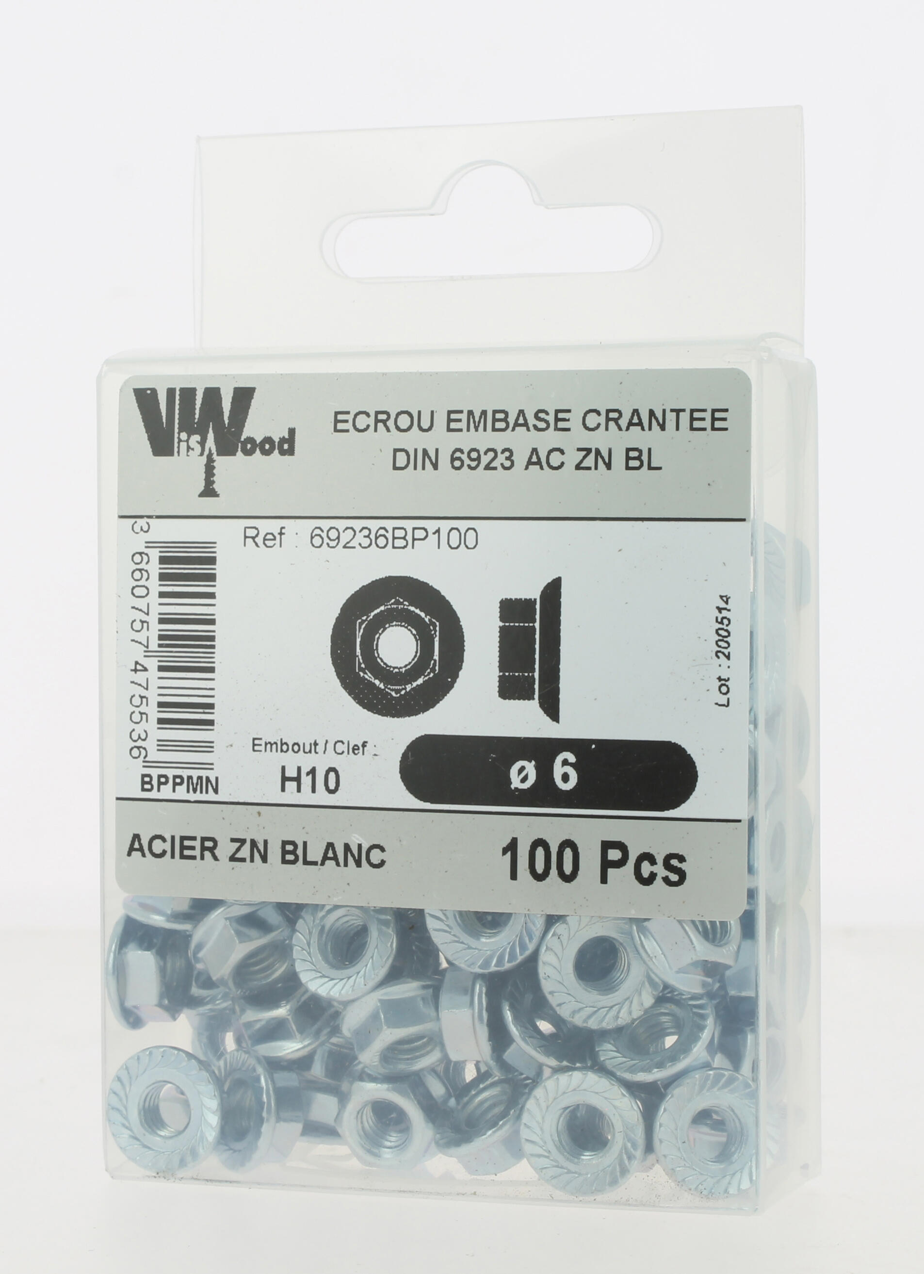 Écrous à embase crantée DIN6923 zingué M6 100 pièces - VISWOOD - 3