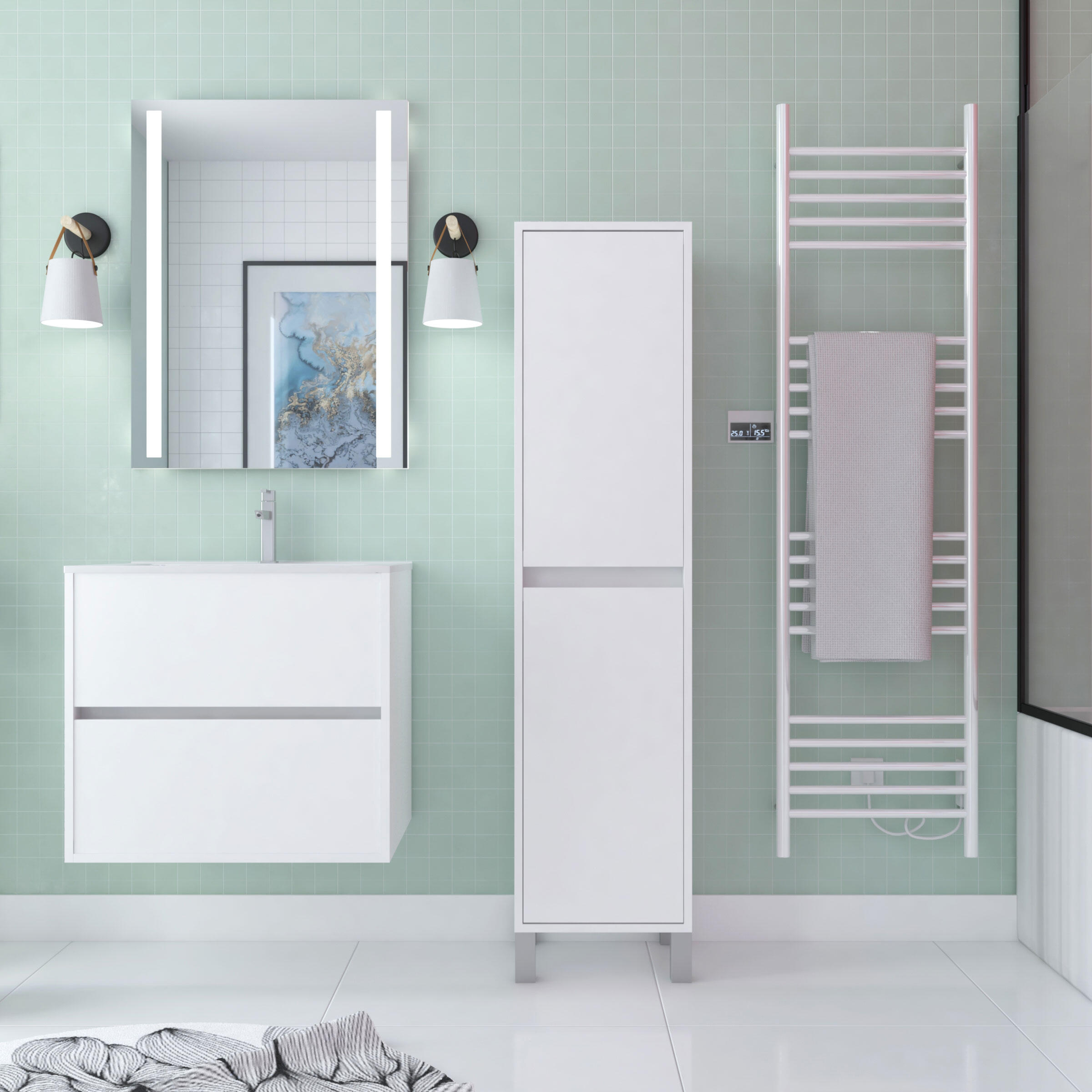 Colonne de salle de bain sur pieds 2 portes aspect blanc l.35 x P.32,50 x H.160 cm - ATOS - 3