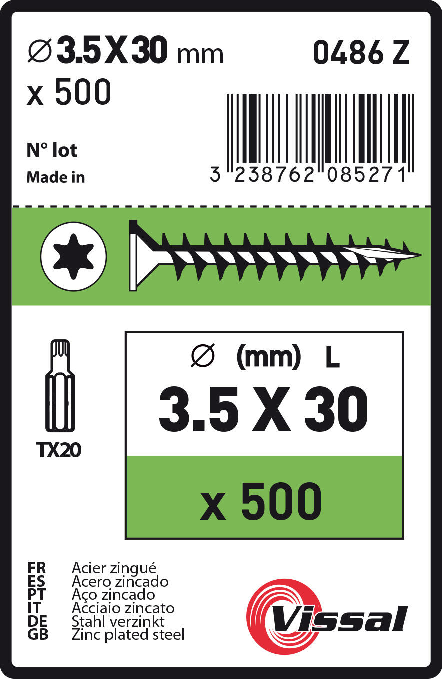 Vis bois agglo tête fraisée empreinte Torx 3,5 x 30 mm 500 pièces - VISSAL - 2
