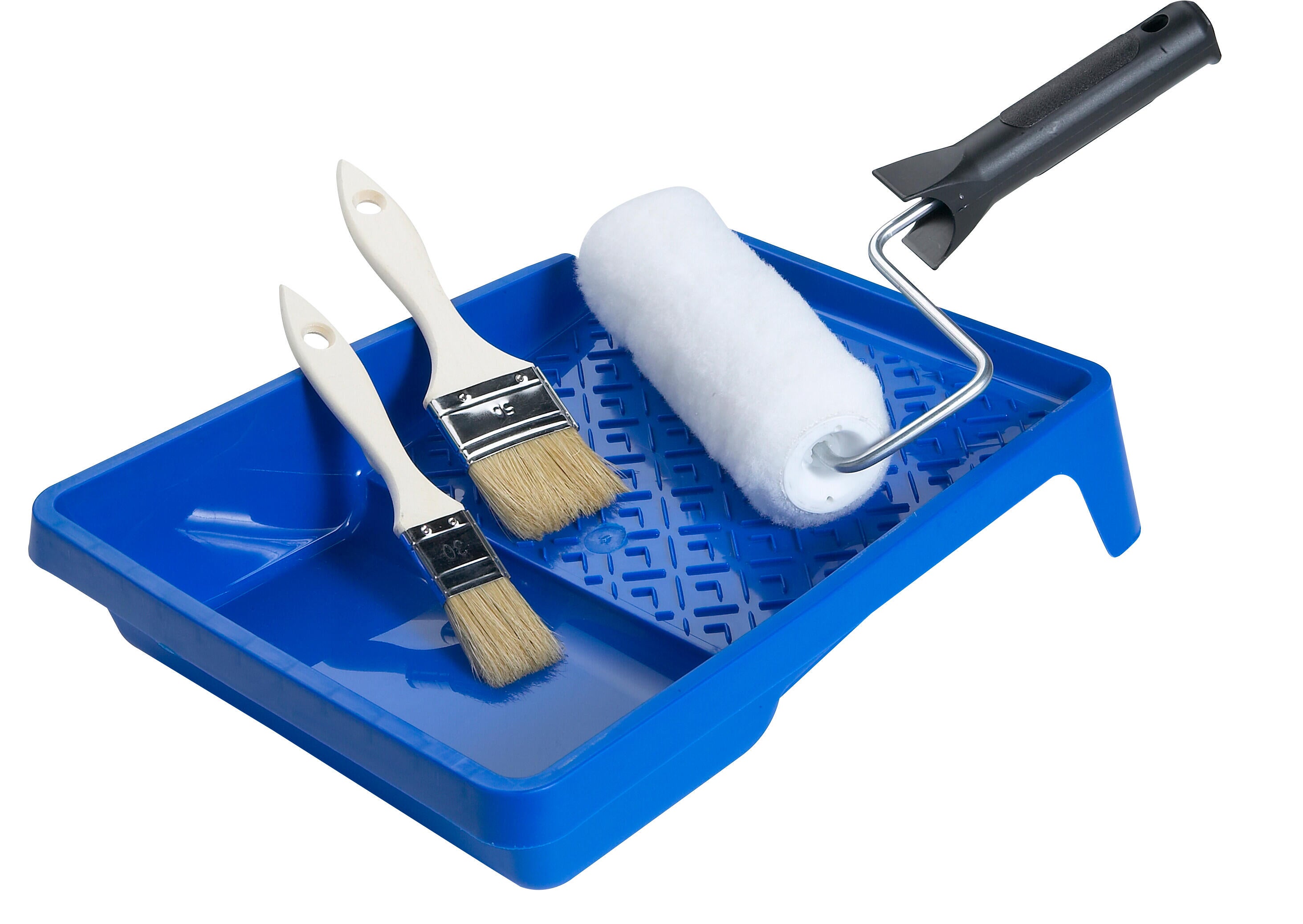 Kit à peindre : 1 rouleau avec manchon polyester Long.180mm + 1 rouleau patte de lapin avec manchon + 2 bacs + 2 pinceaux plats N°30 et N°50 pour toutes surfaces - KENSTON - 3