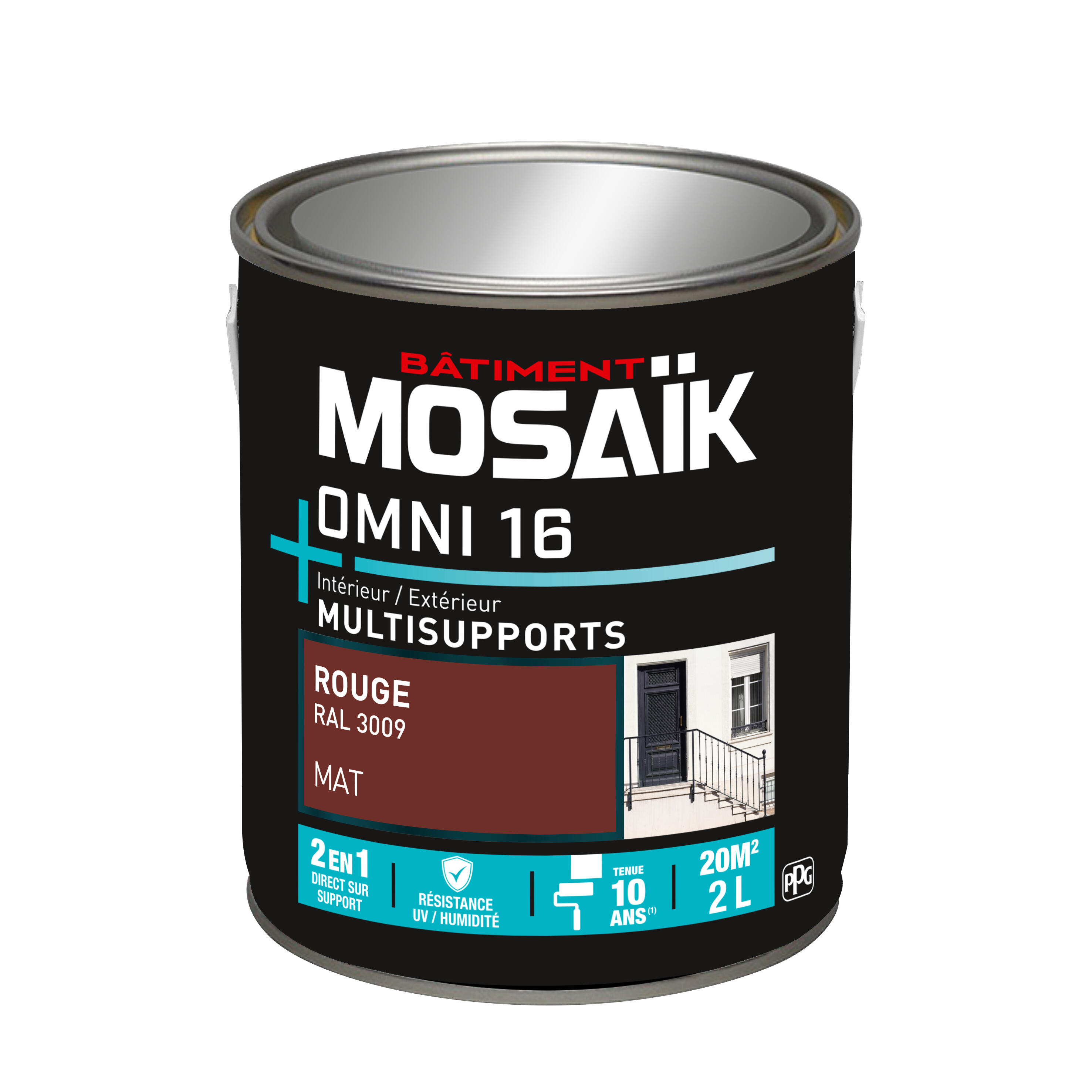 Peinture 2en1 int./ext. multisupport acrylique mat rouge RAL3009 2 L OMNI16 - MOSAIK - 3