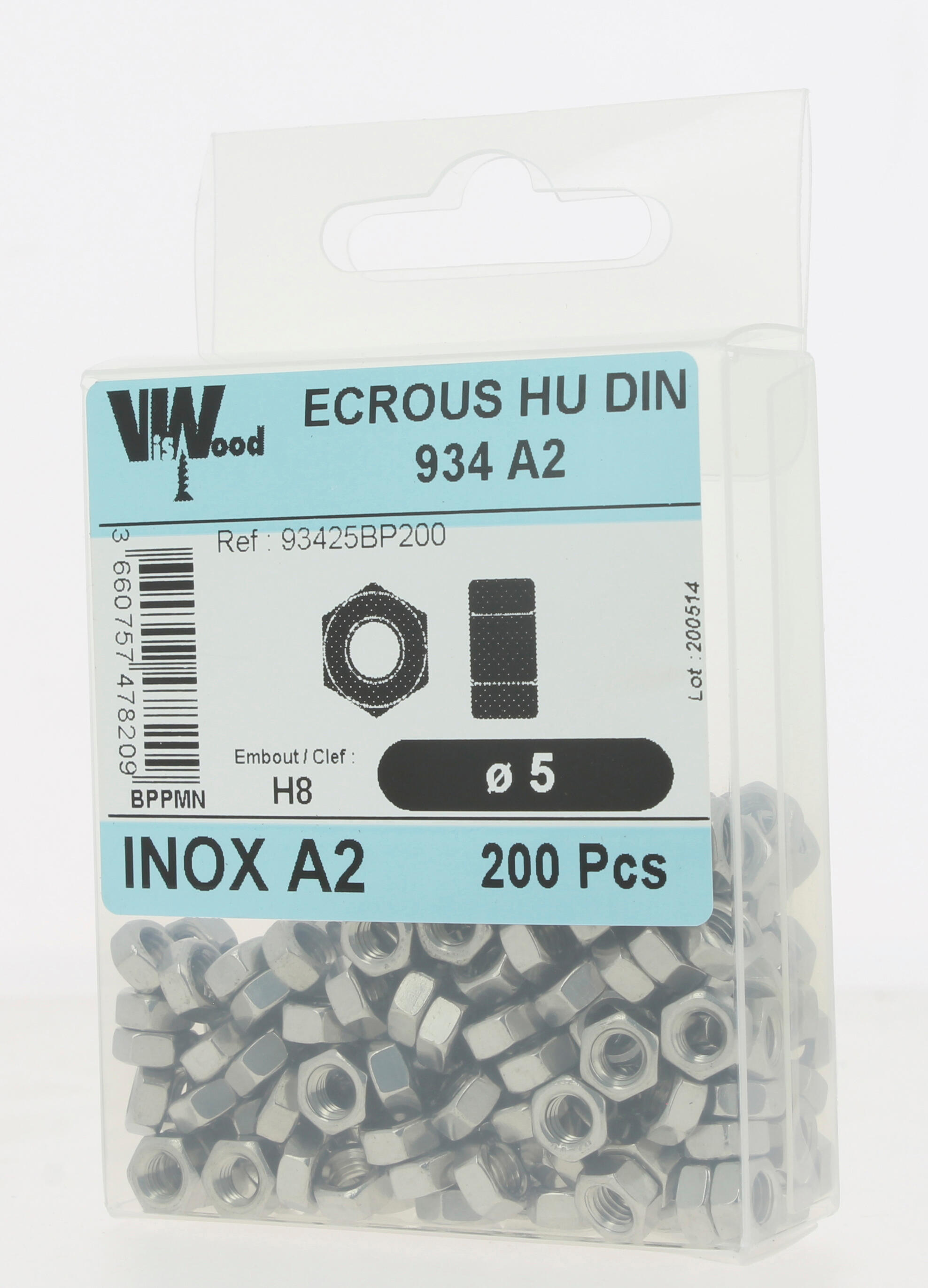 Écrous hexagonaux DIN934 inox A2 Diam. 5 mm Boîte de 200 - VISWOOD - 2