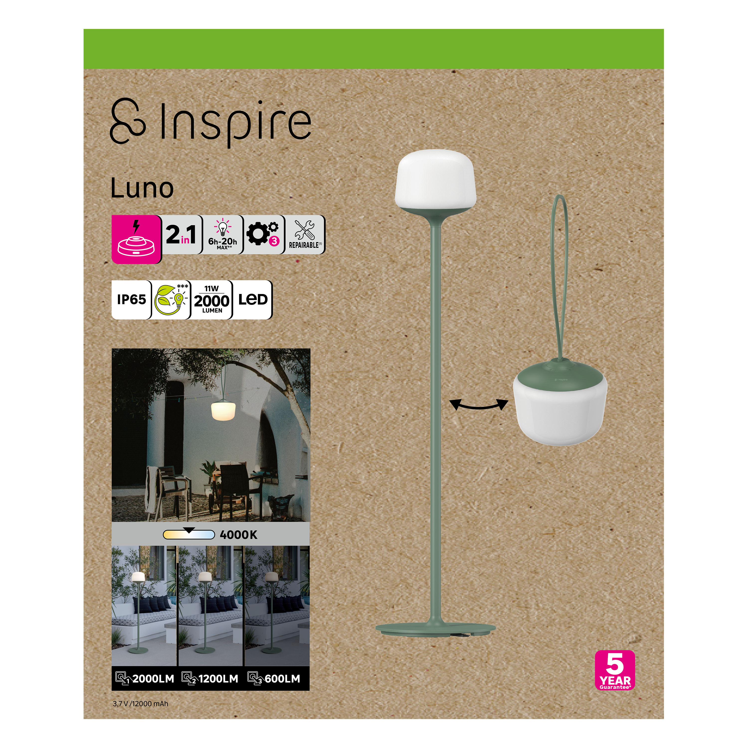 Baliza de jardín LED exterior Luno INSPIRE 144.8 cm 2000 lm verde resistencia IP65 - 3