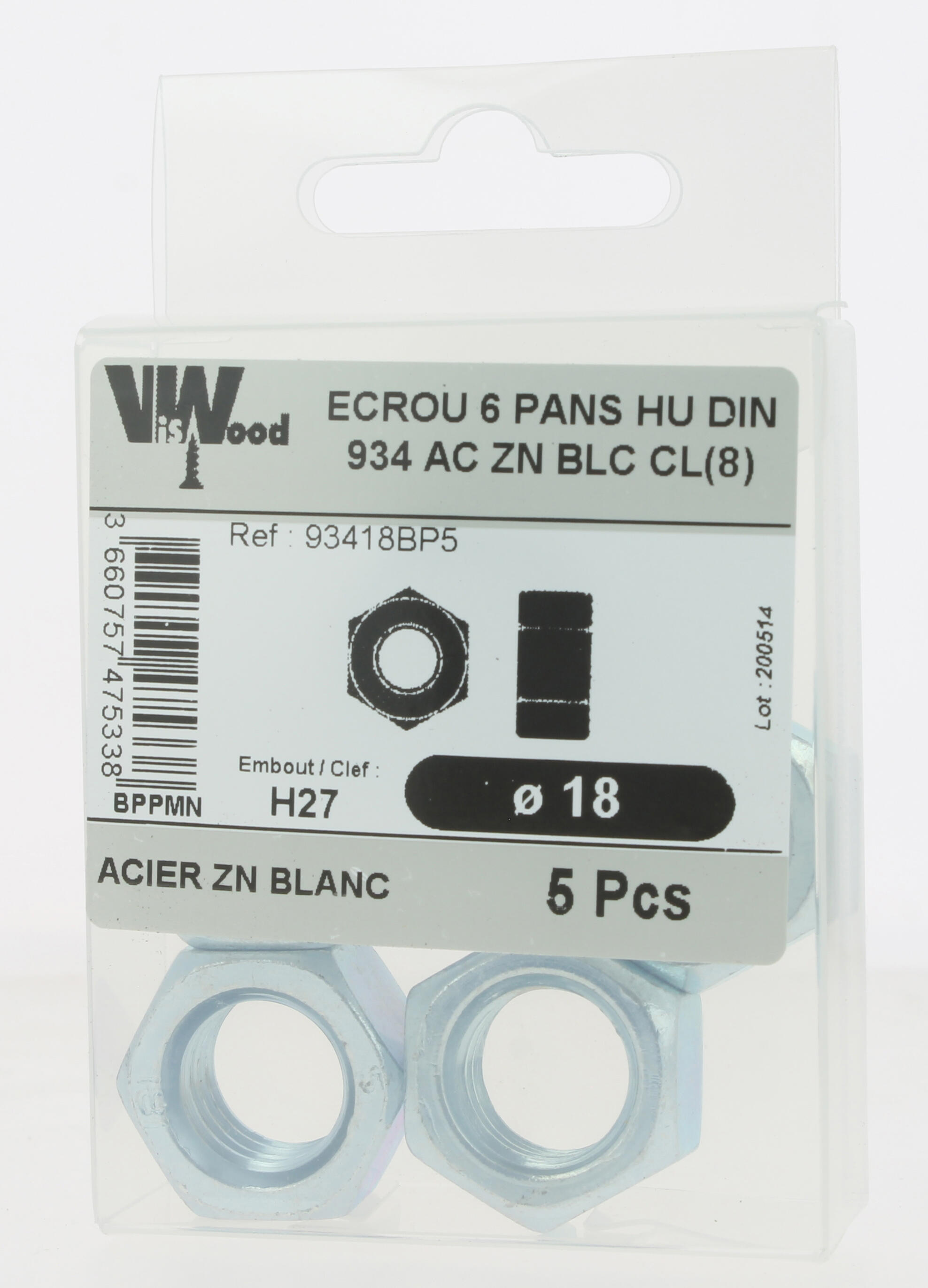 Écrous hexagonaux DIN934 zingué M18 5 pièces - VISWOOD - 3