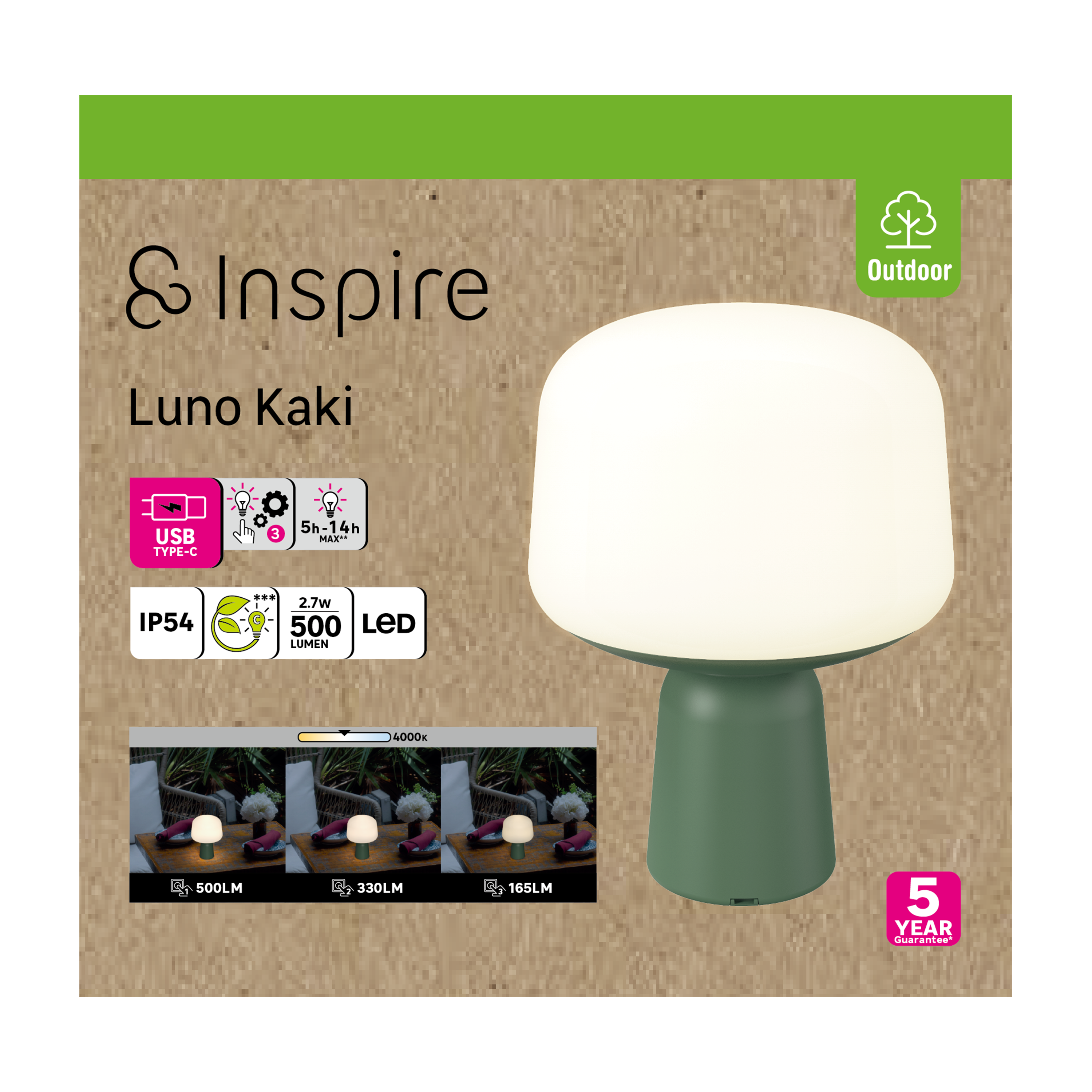 Lampe de table extérieur rechargeable USB, 500 Lumens, vert kaki Luno INSPIRE - 13