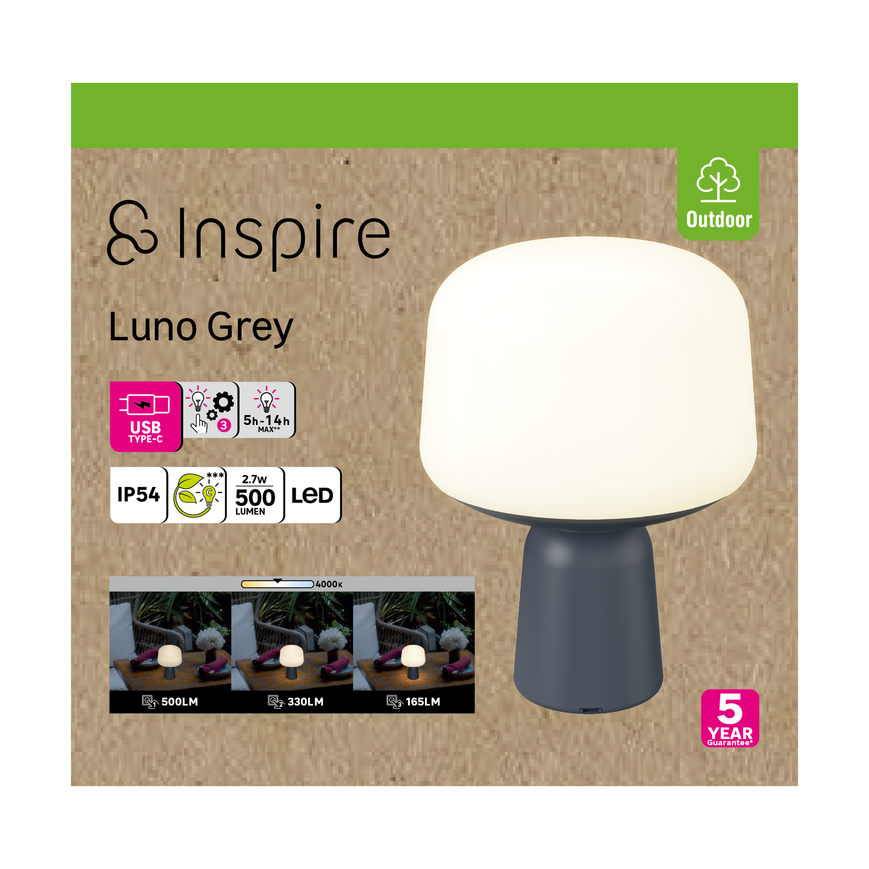 Lampe de table extérieure rechargeable USB, 500 lumens gris Luno INSPIRE - 9