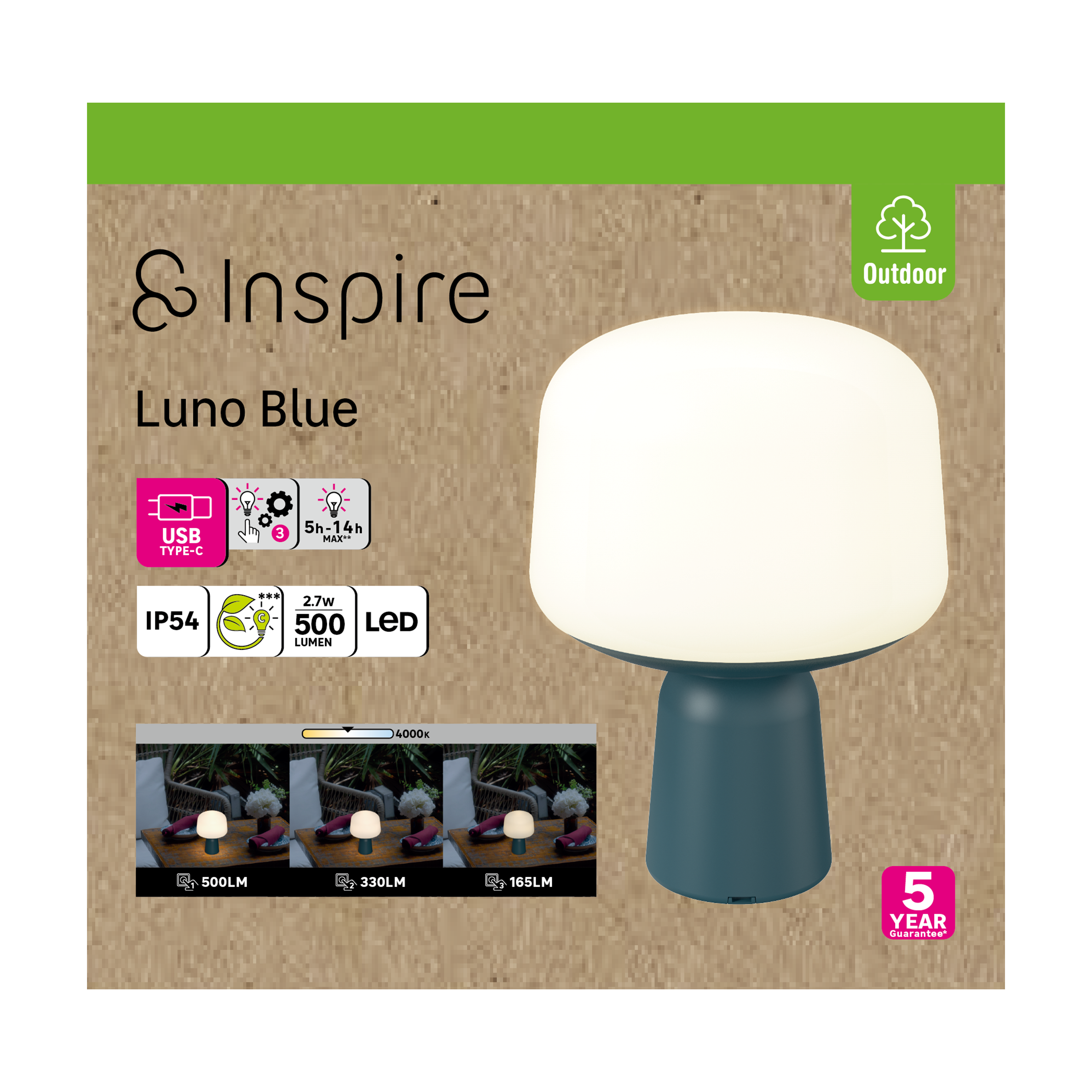 Lampe de table extérieure rechargeable USB, 500 lumens bleu Luno INSPIRE - 4