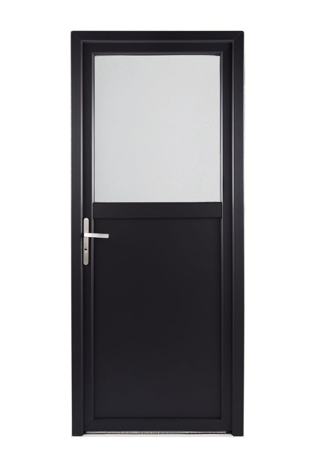 Porte de service PVC 1/2 vitrée gris extérieur/blanc intérieur H.200 x l.90 cm poussant droit 
