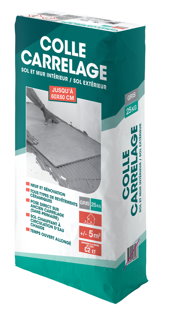Colle carrelage en poudre gris C2ET pour sol intérieur & extérieur et mur intérieur 25 kg