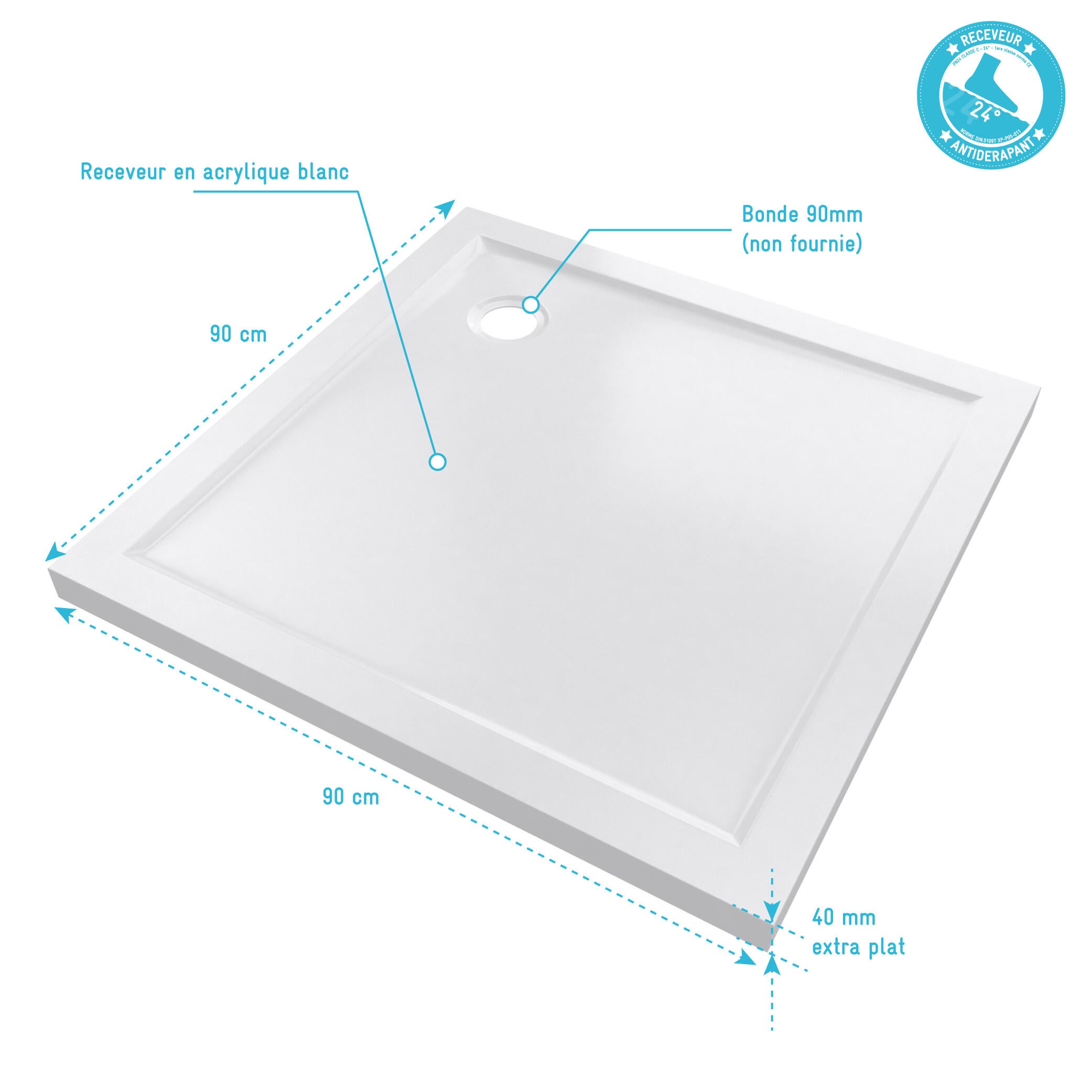 Receveur de douche L.90 x l.90 cm Ep.4 cm acrylique blanc - AURLANE - 3