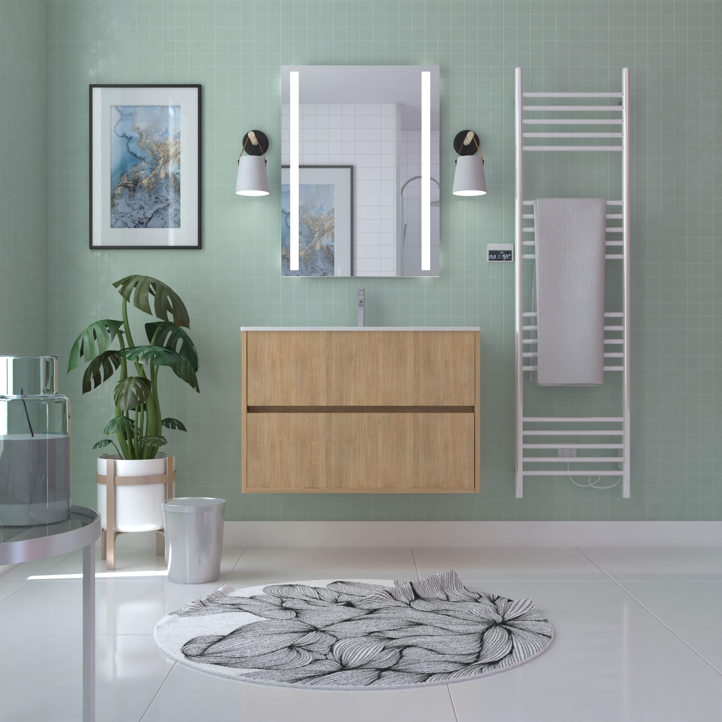 Meuble sous vasque suspendu 2 tiroirs décor chêne clair l.80 x P.45,50 x H.54 cm - ATOS - 3