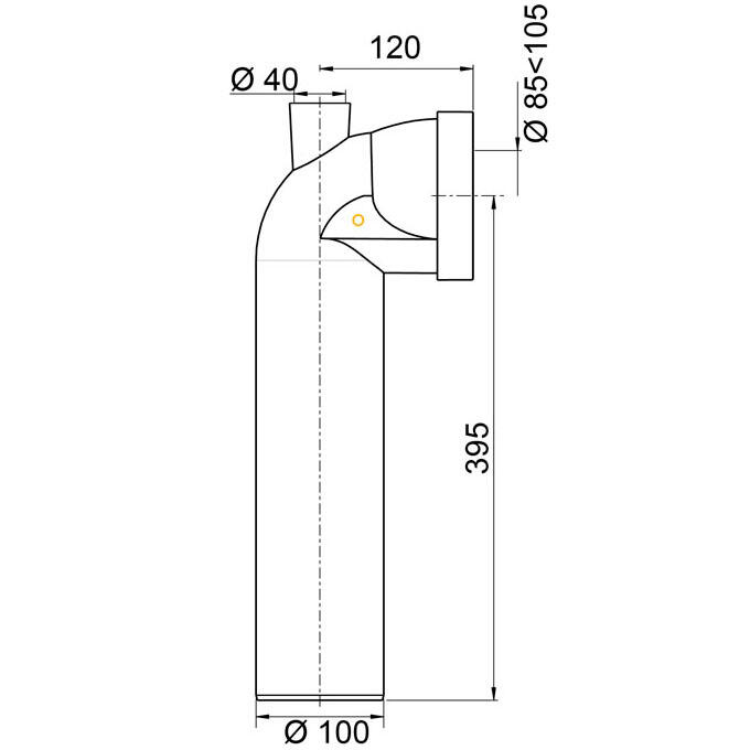 Pipe WC rigide longue coudée mâle Ø100 mm avec piquage femelle Ø40 mm  - 2