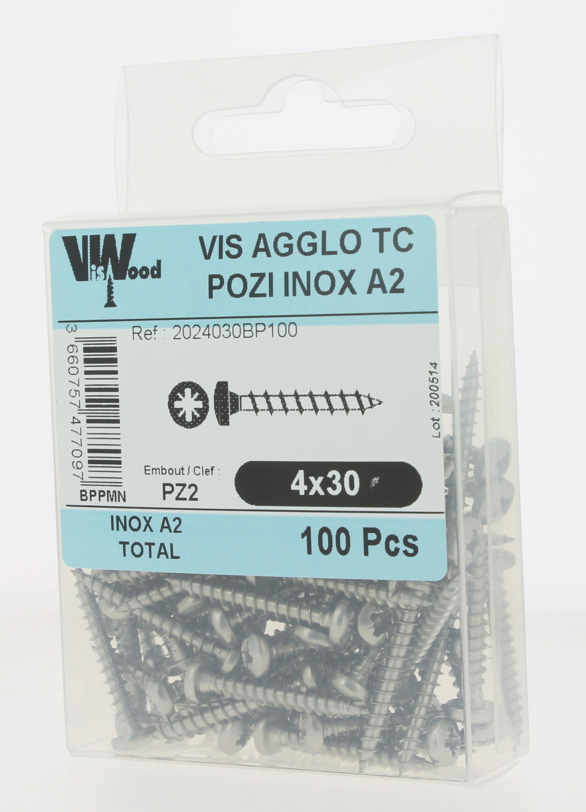 Vis bois inox A2 Diam. 4 x 30 mm Boîte de 100 - VISWOOD - 2