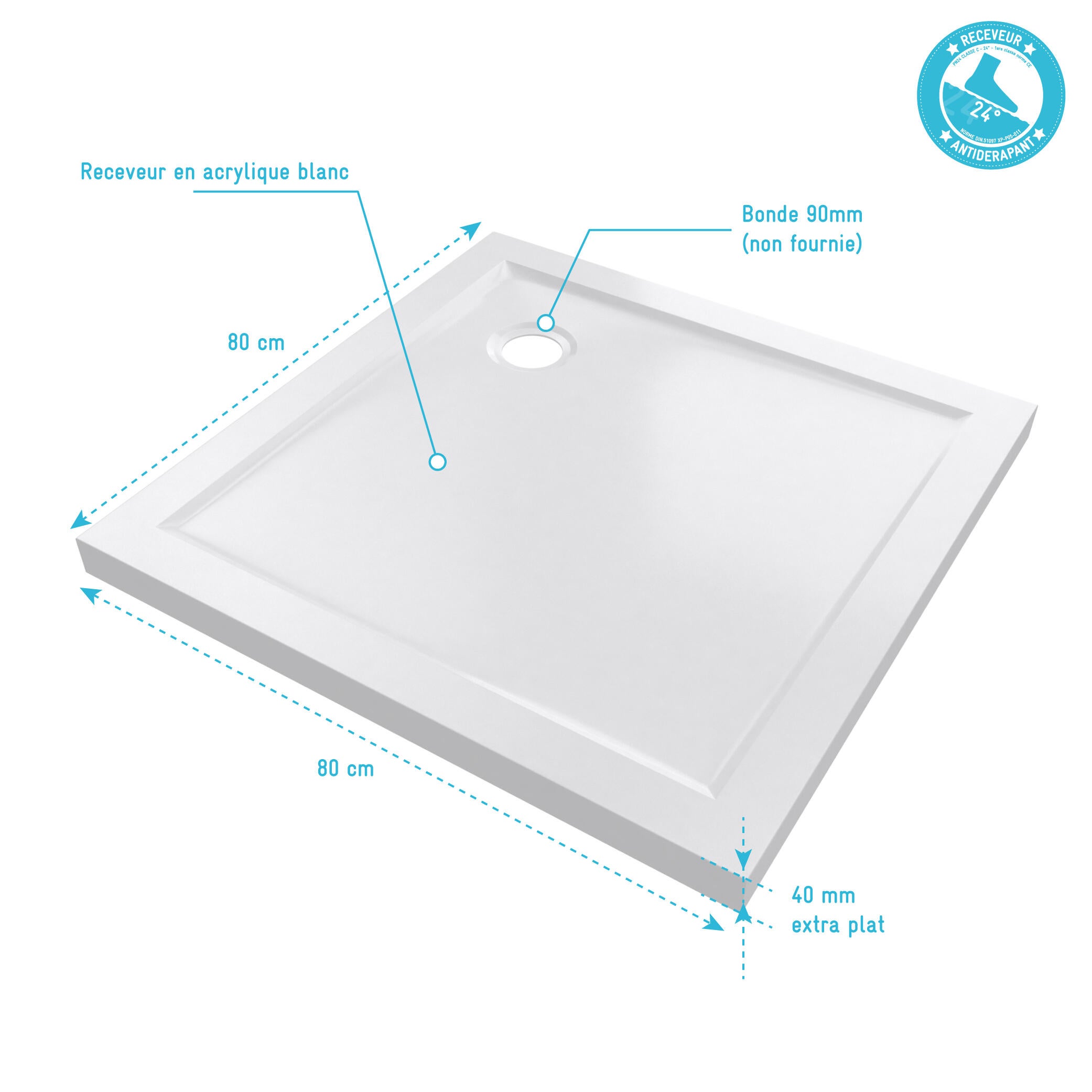 Receveur de douche L.80 x l.80 cm Ep.4 cm acrylique blanc - AURLANE - 2