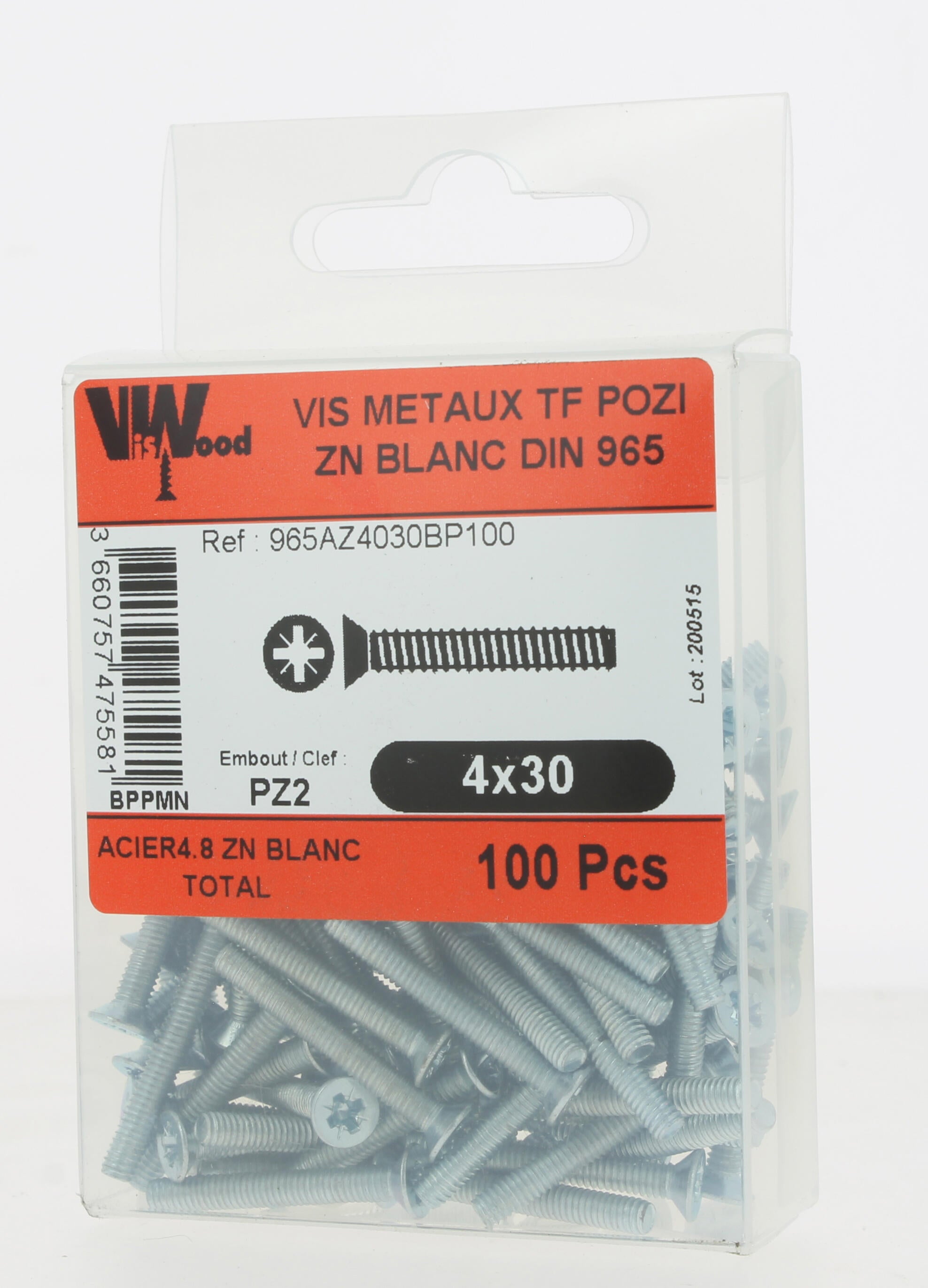 Vis métal Diam.4 mm tête fraisée Boîte de 100 - VISWOOD - 3