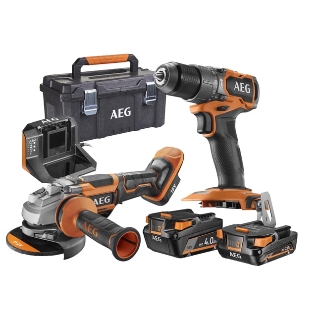 Kit 2 outils sans fil 18V : Perceuse visseuse à percussion + Meuleuse Diam.125mm  + 1x4Ah + 1x2Ah + Boite - AEG - FR18-AG-2BL-X02TB