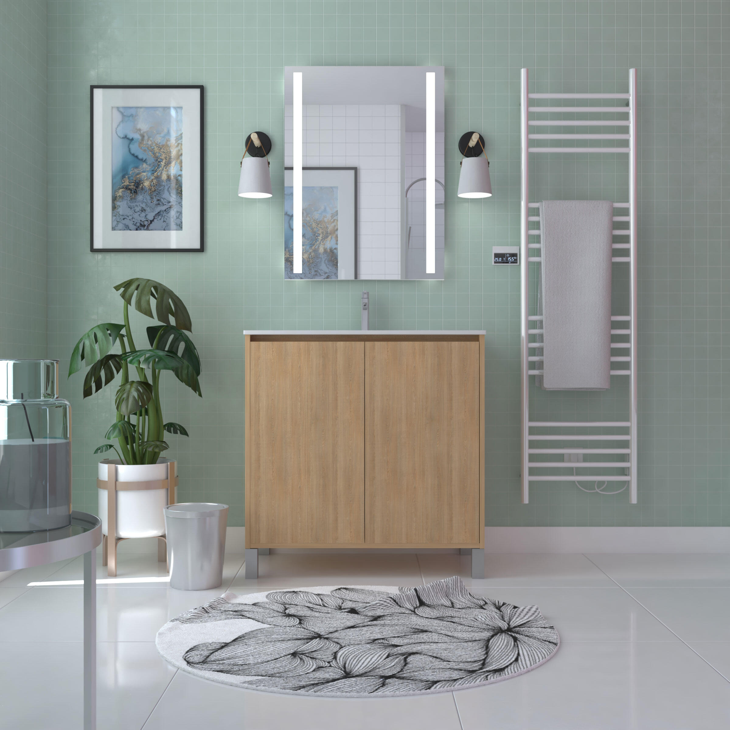 Meuble sous vasque sur pieds 2 portes décor chêne clair l.80 x P.45,50 x H.81 cm - ATOS - 3