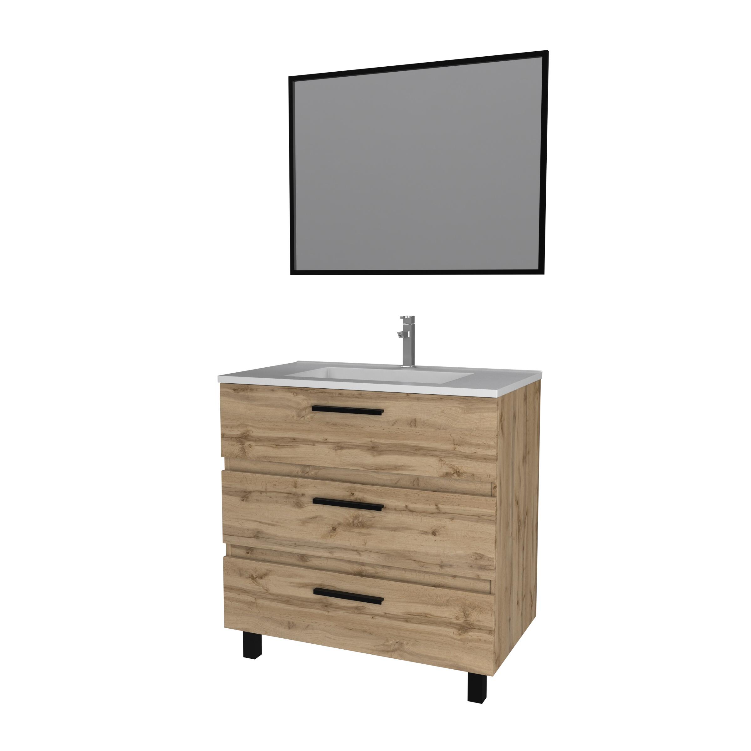 Ensemble meuble de salle de bain sur pieds 3 tiroirs aspect chêne l.80 x P.45 x H.81 cm + simple vasque blanche + miroir - TETRA - 2