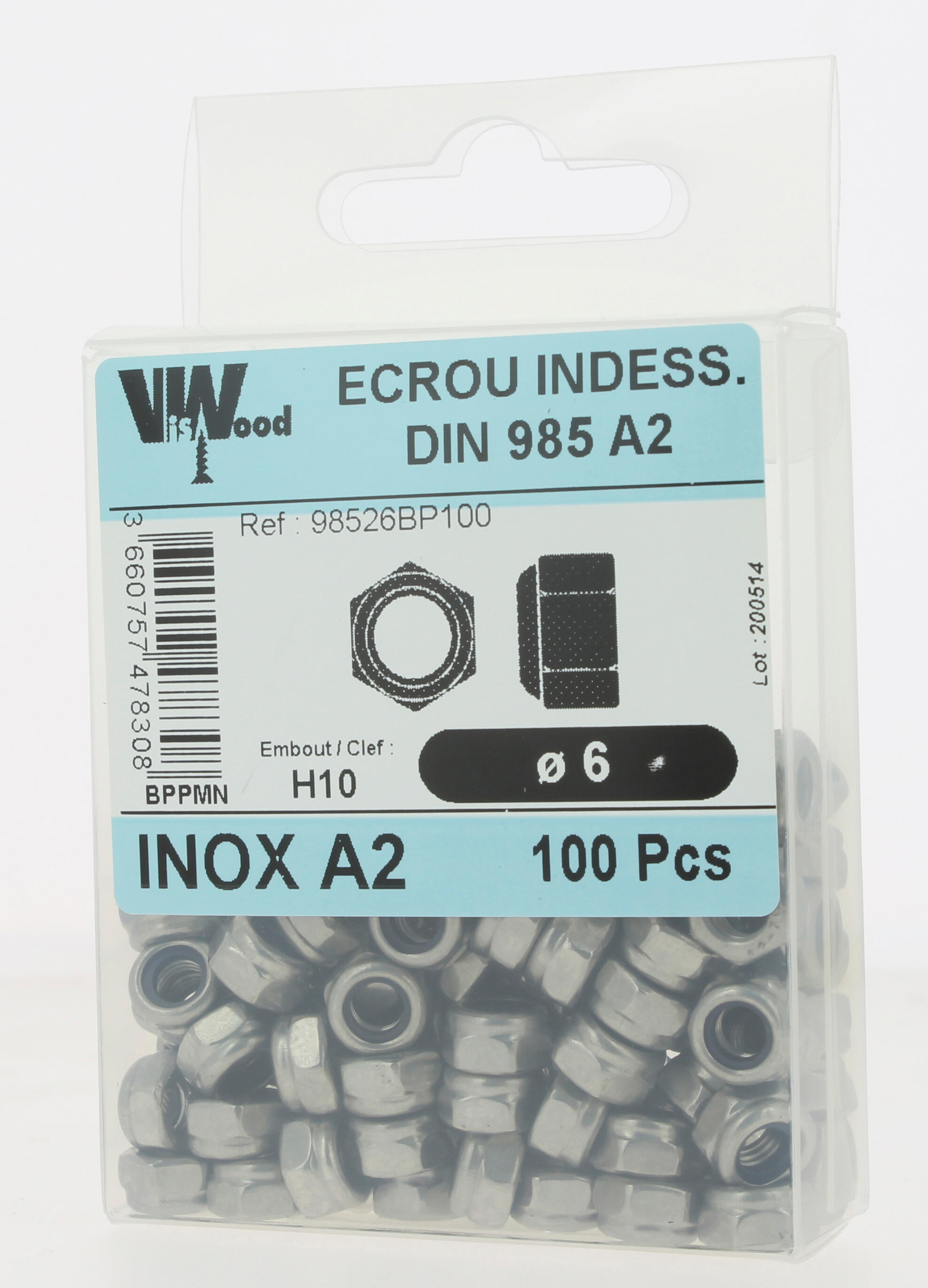 Écrous frein DIN985 inox A2 diam.6 mm X100 - VISWOOD - 2
