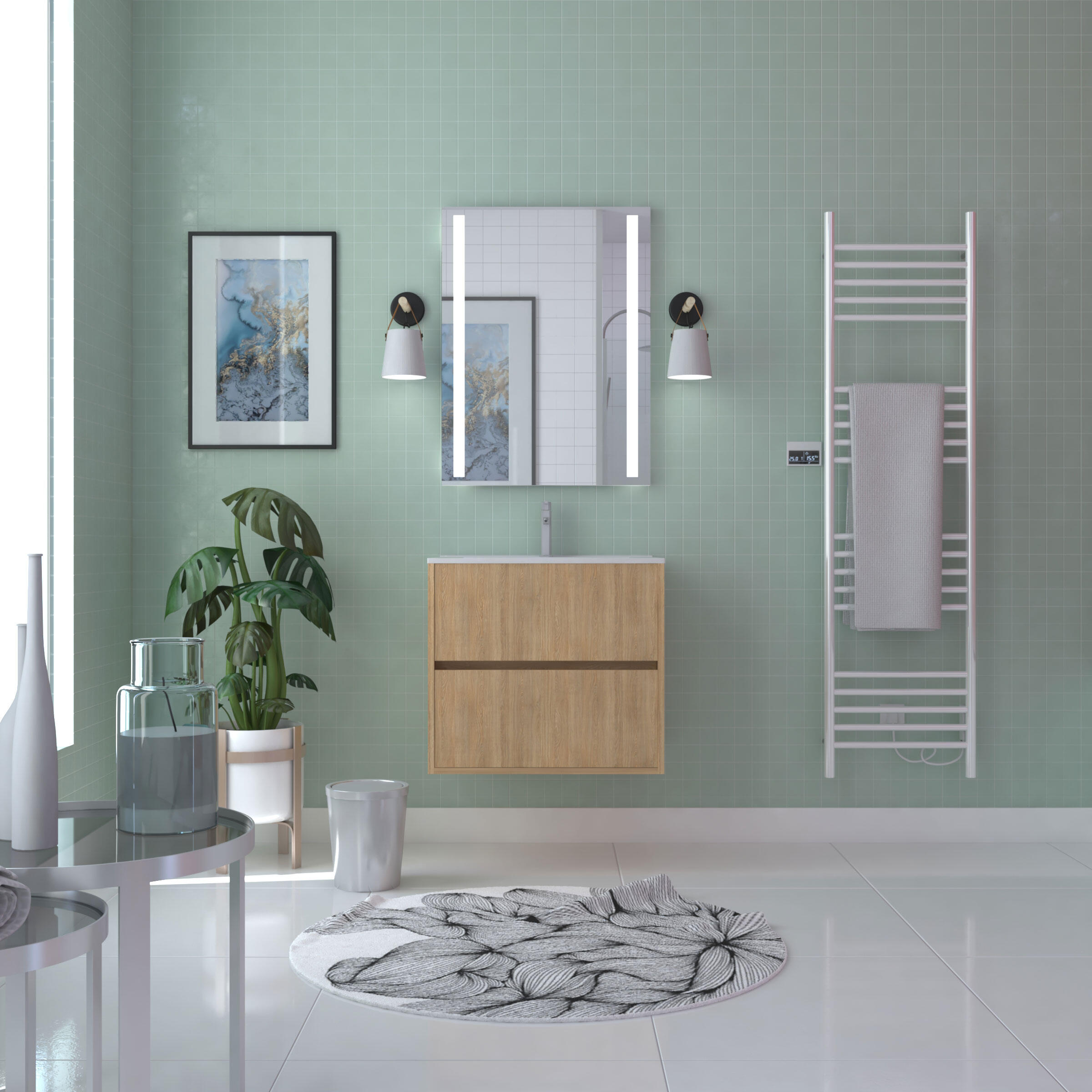Meuble sous vasque suspendu 2 tiroirs décor chêne clair l.60 x P.45,50 x H.54 cm - ATOS - 3