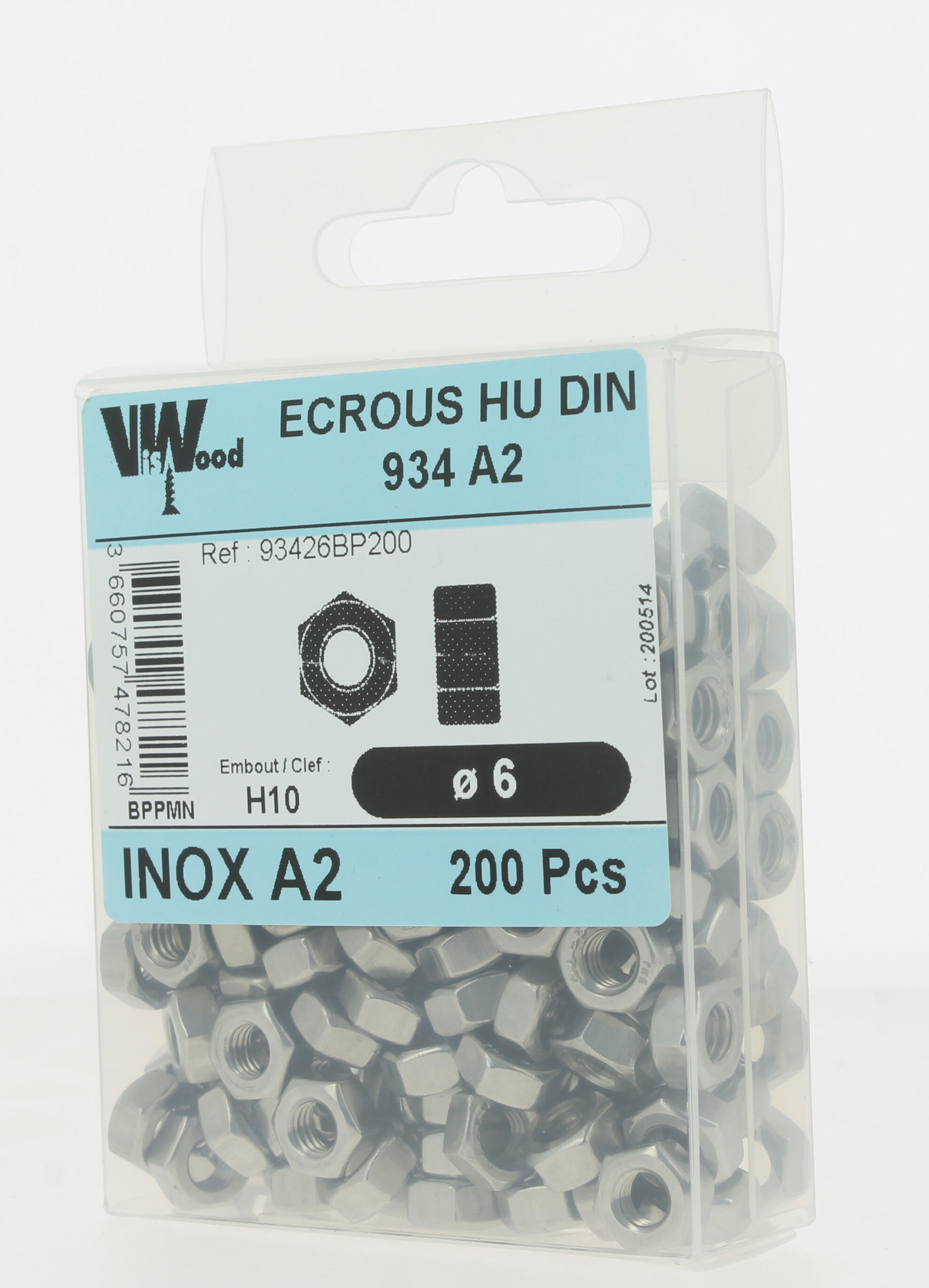 Écrous hexagonaux DIN934 inox A2 Diam. 6 mm Boîte de 200 - VISWOOD - 2