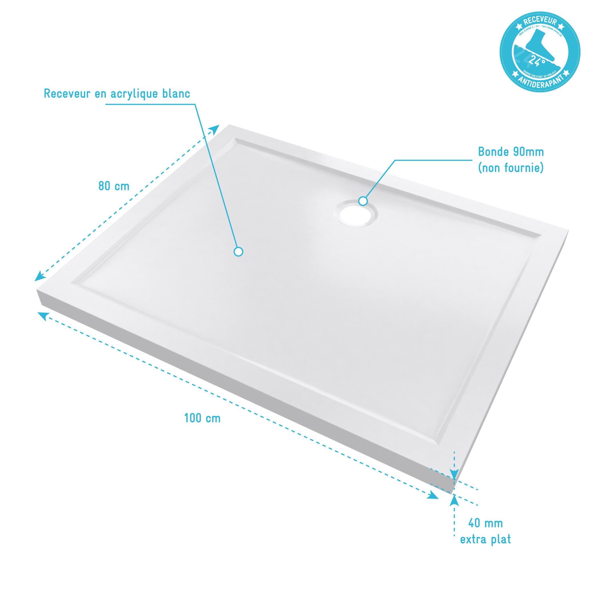 Receveur de douche L.100 x l.80 cm Ep.4 cm acrylique blanc - AURLANE - 3