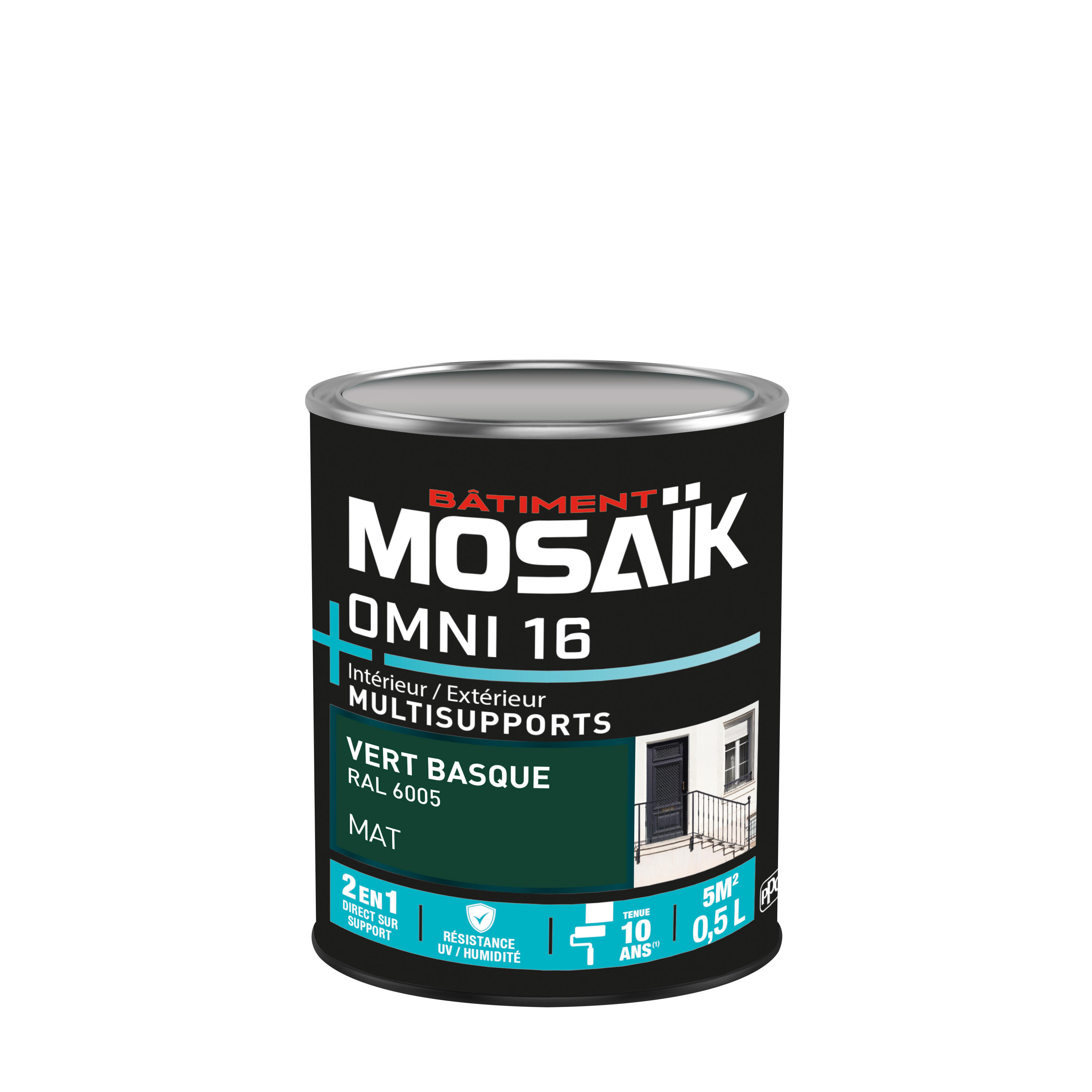 Peinture 2en1 int./ext. multisupport acrylique mat vert basque RAL6005 0,5 L OMNI16 - MOSAIK - 3