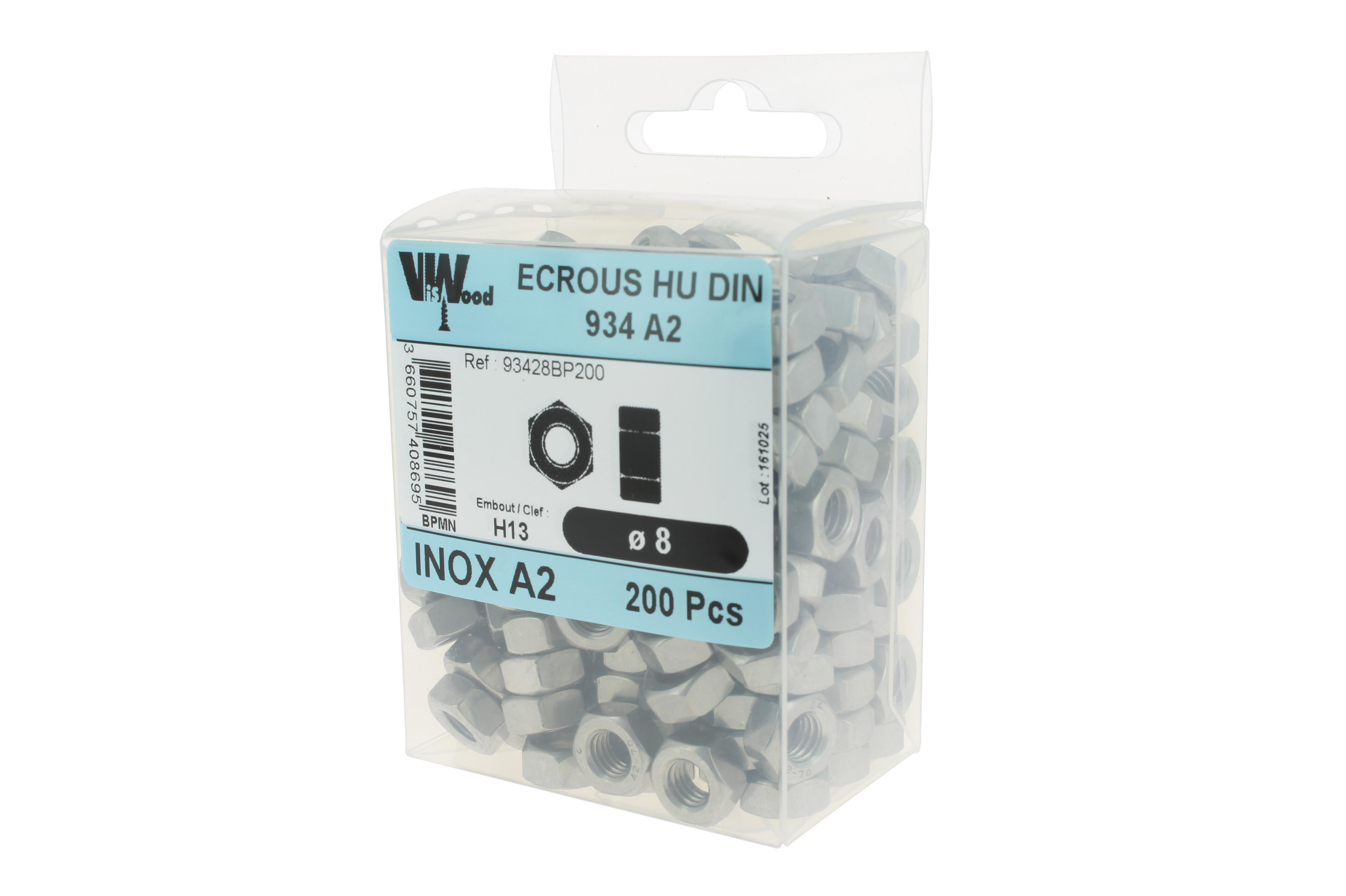 Écrous hexagonaux DIN934 inox A2 Diam. 8 mm Boîte de 200 - VISWOOD - 2
