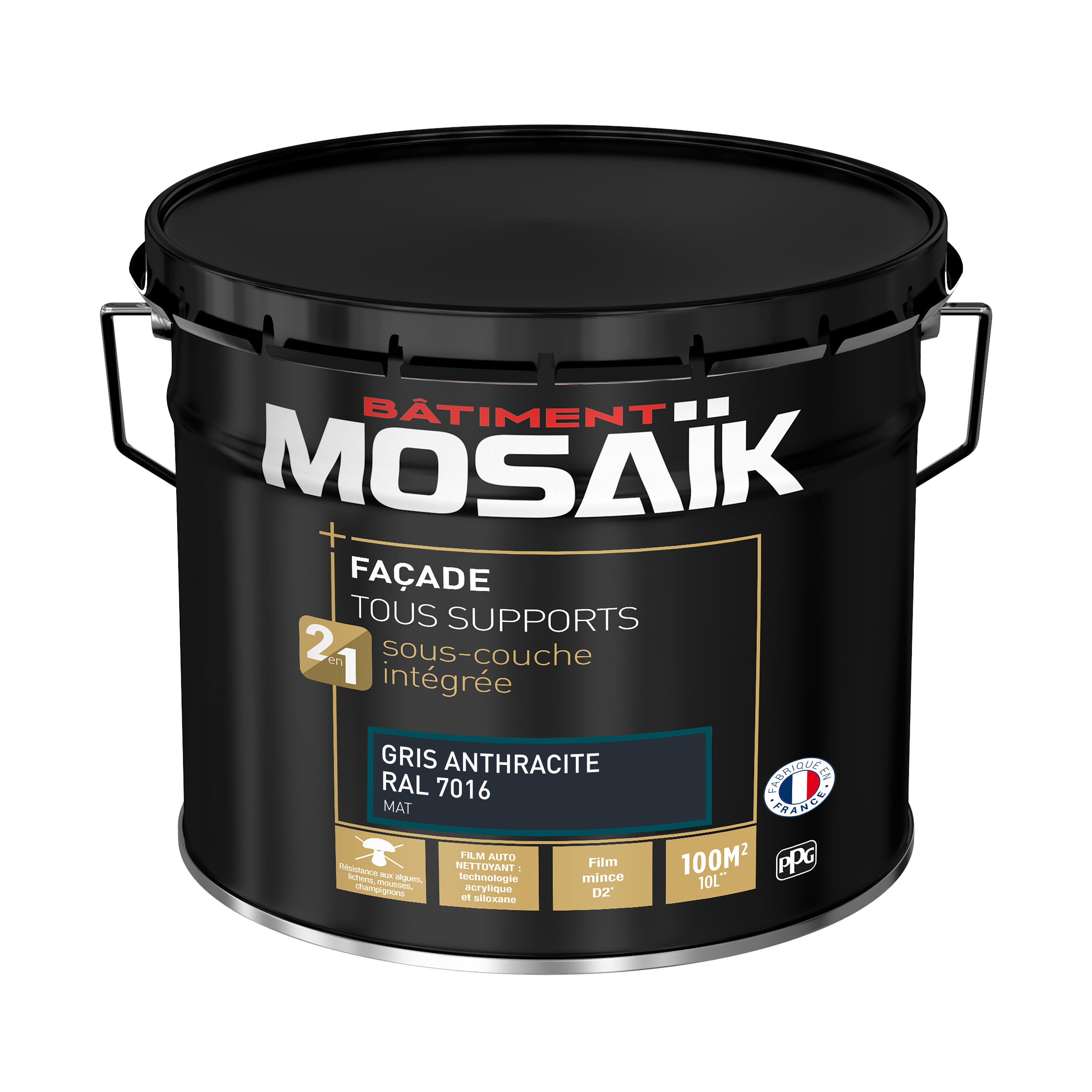 Peinture extérieure façade D2 tous supports 2 en 1 mat gris anthracite RAL 7016 10 L - MOSAÏK - 3