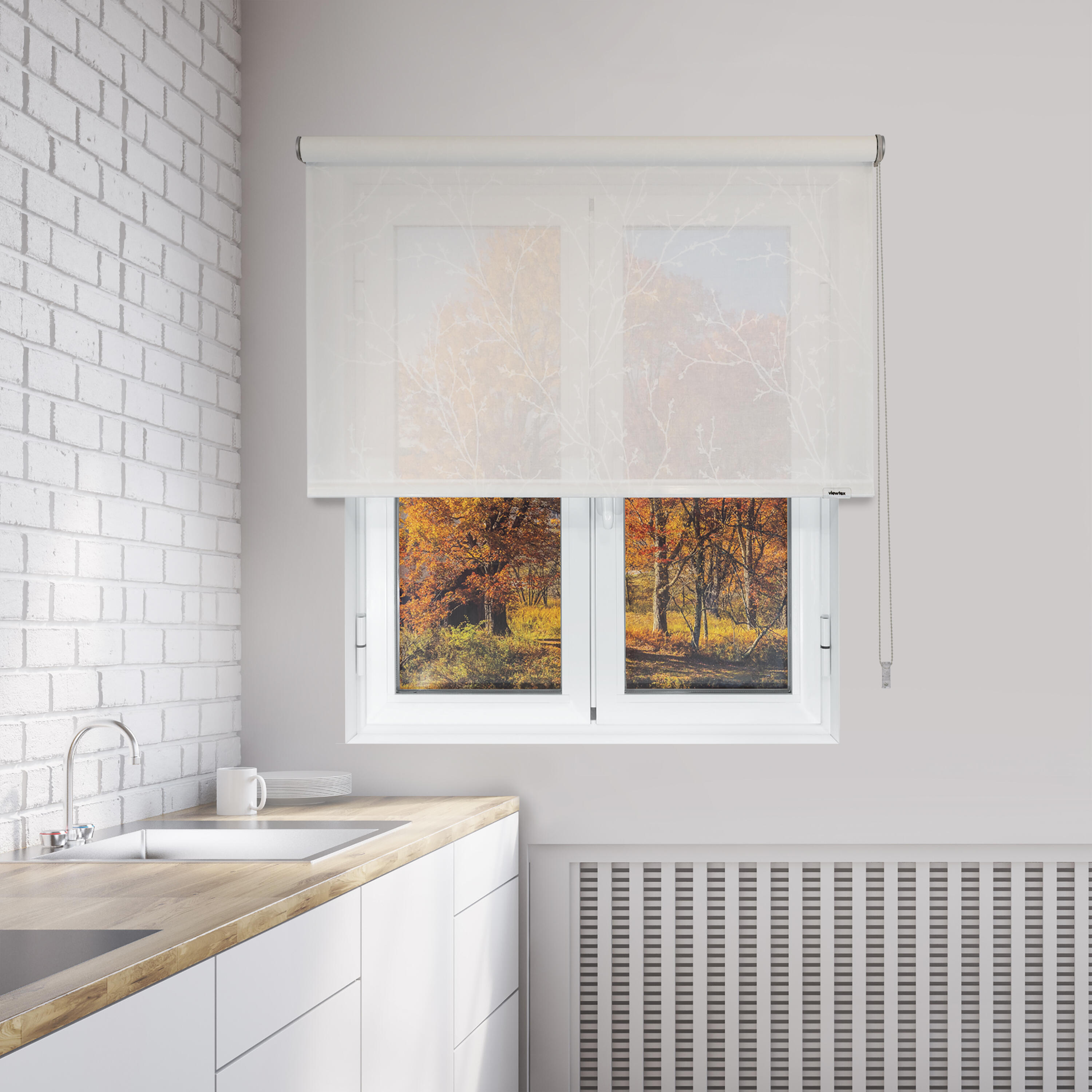 Estor enrollable translúcido con cadena polas poliéster flor blanco de 90x250cm