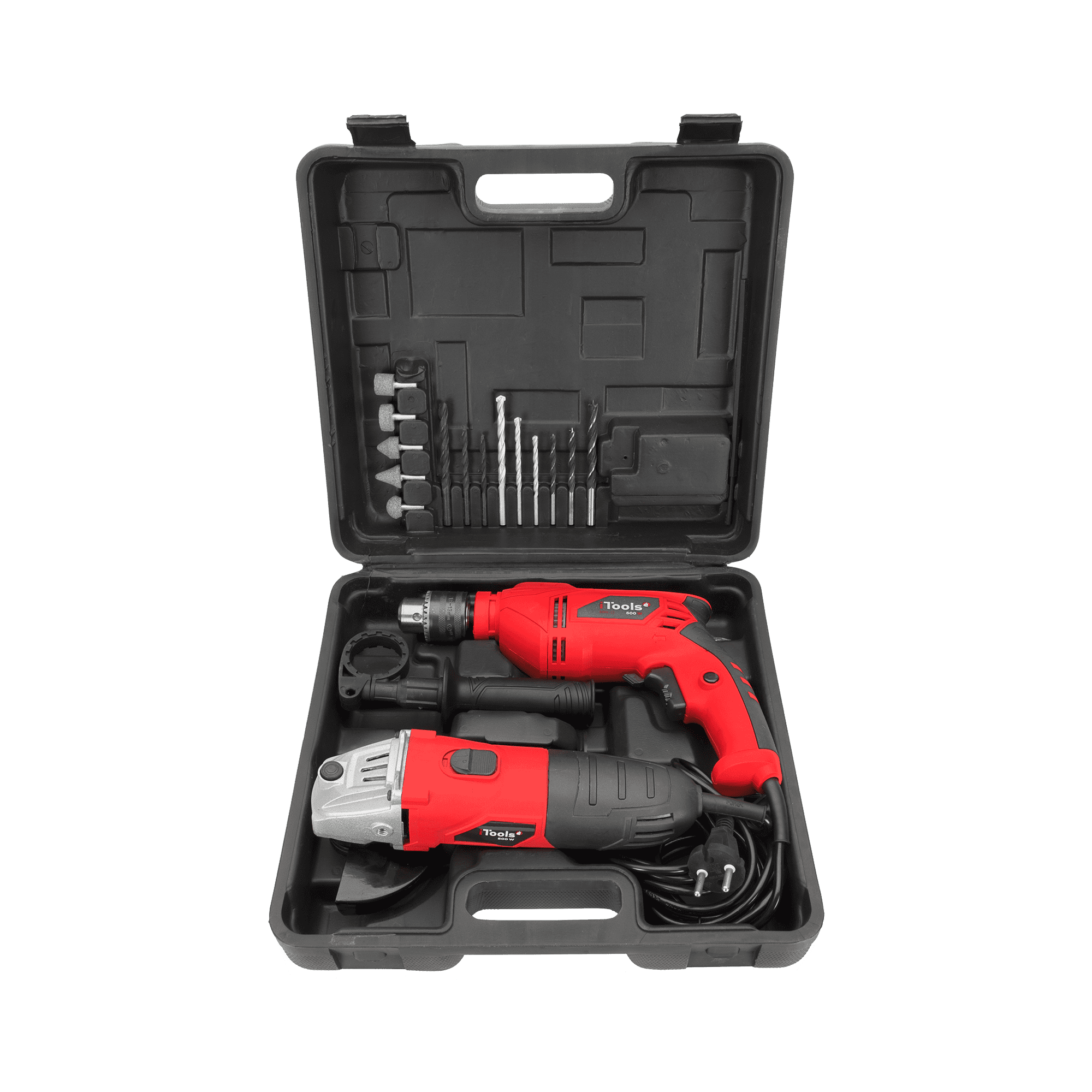 Pack taladro percutor de 500 w 2800 rpm + amoladora 500w 11000 rpm + maletín con accesorios