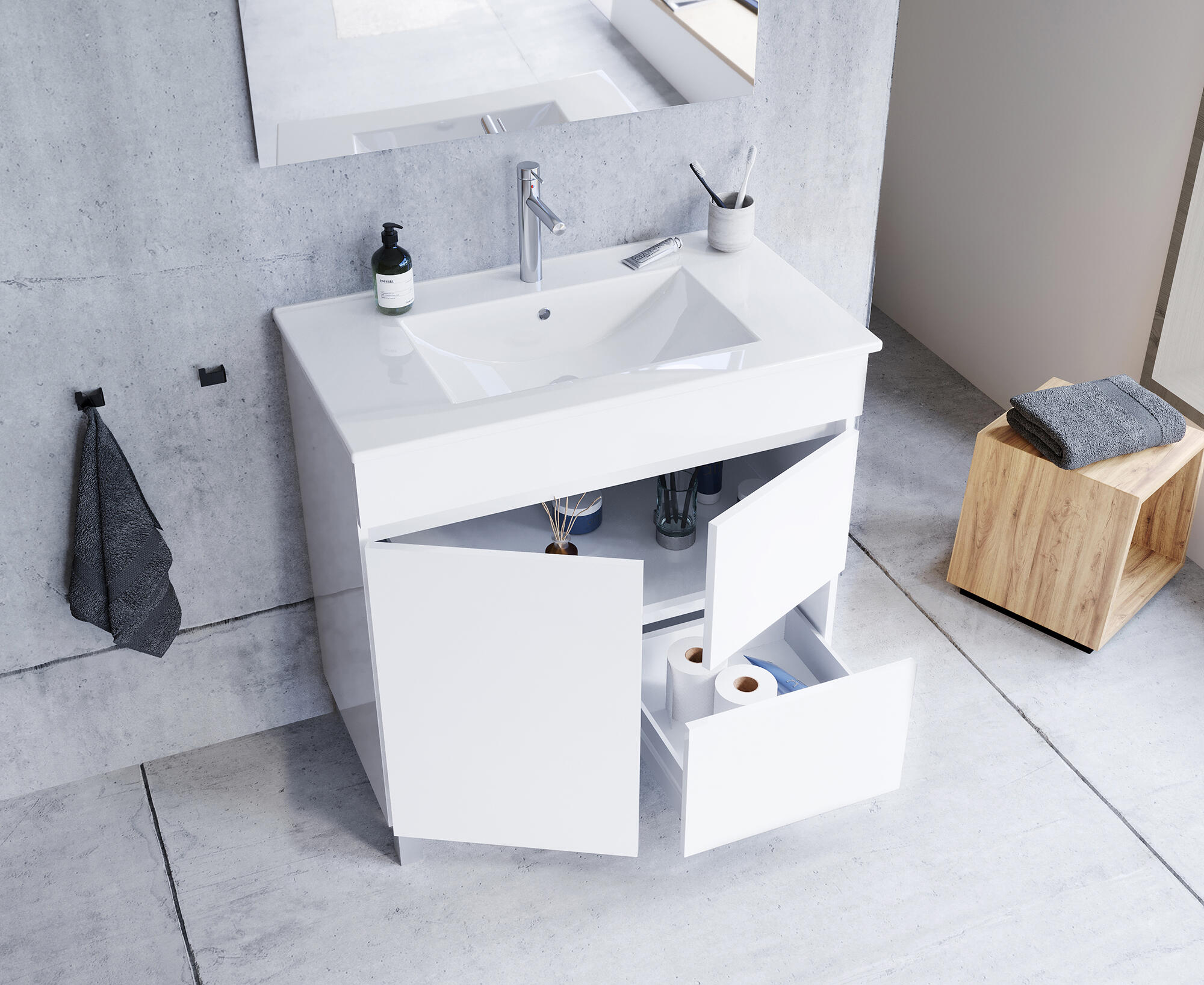 Móvel de casa de banho chão 1 gaveta 2 portas 80x81x45 cm branco brilhante Aml Zeus - 9