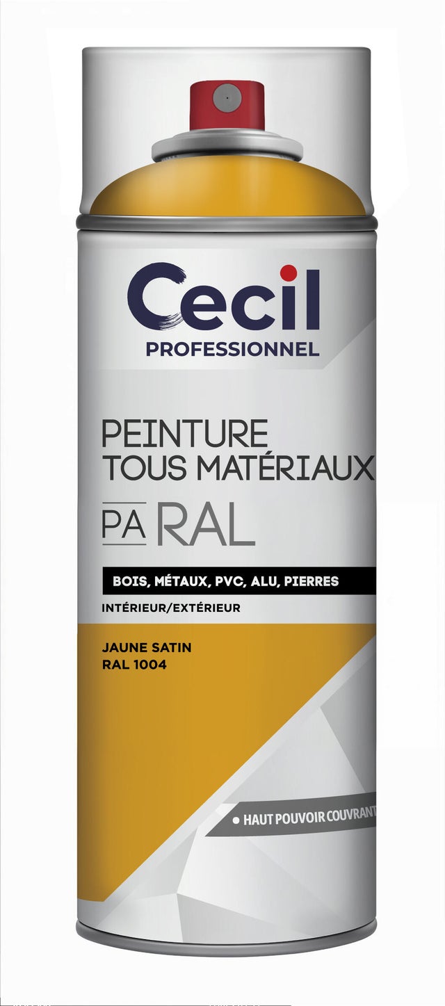 Peinture aérosol tous matériaux int/ext jaune gaz satin RAL1004 400 ml - CECIL PRO
