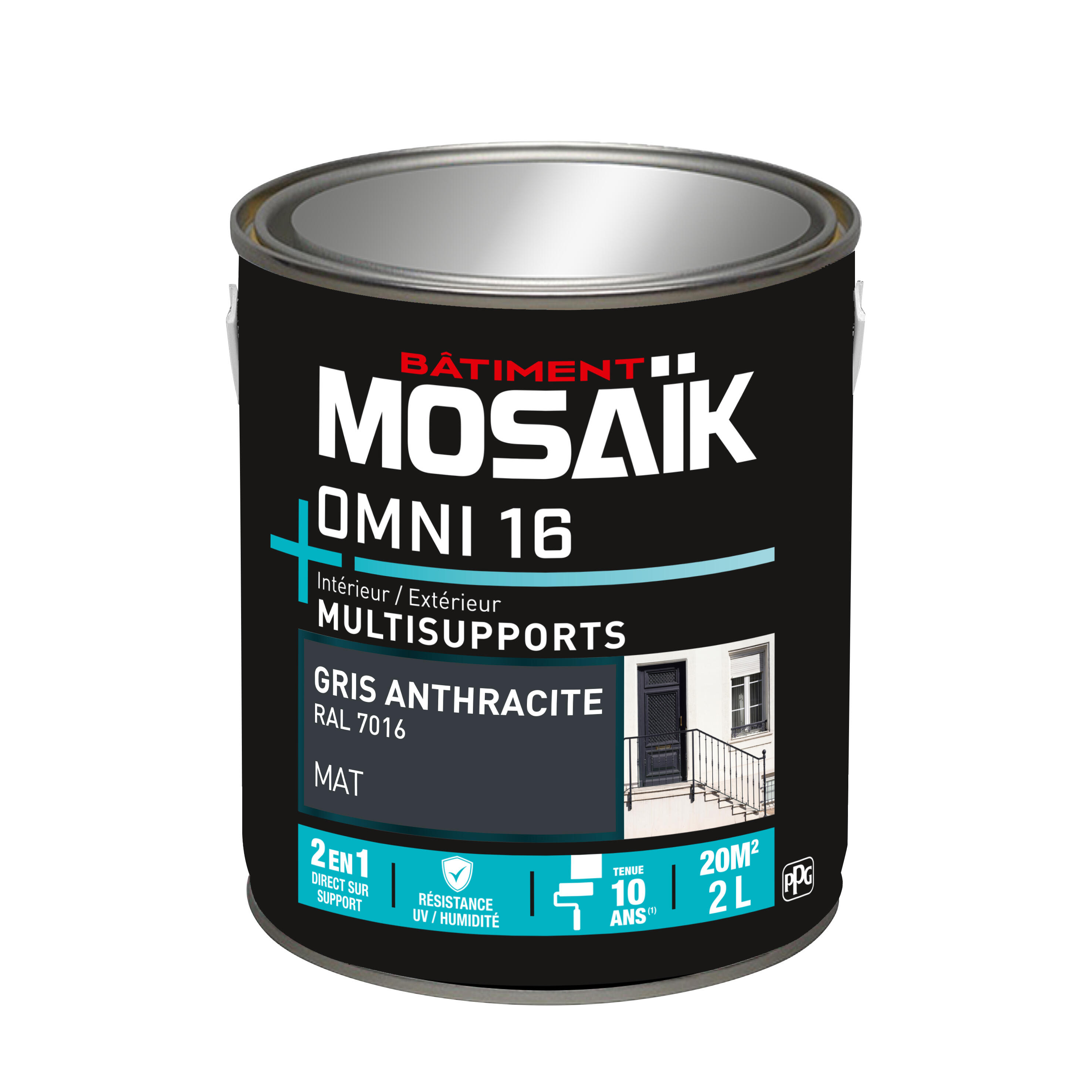 Peinture 2en1 int./ext. multisupport acrylique mat gris antracite RAL7016 2 L OMNI16 - MOSAIK - 3