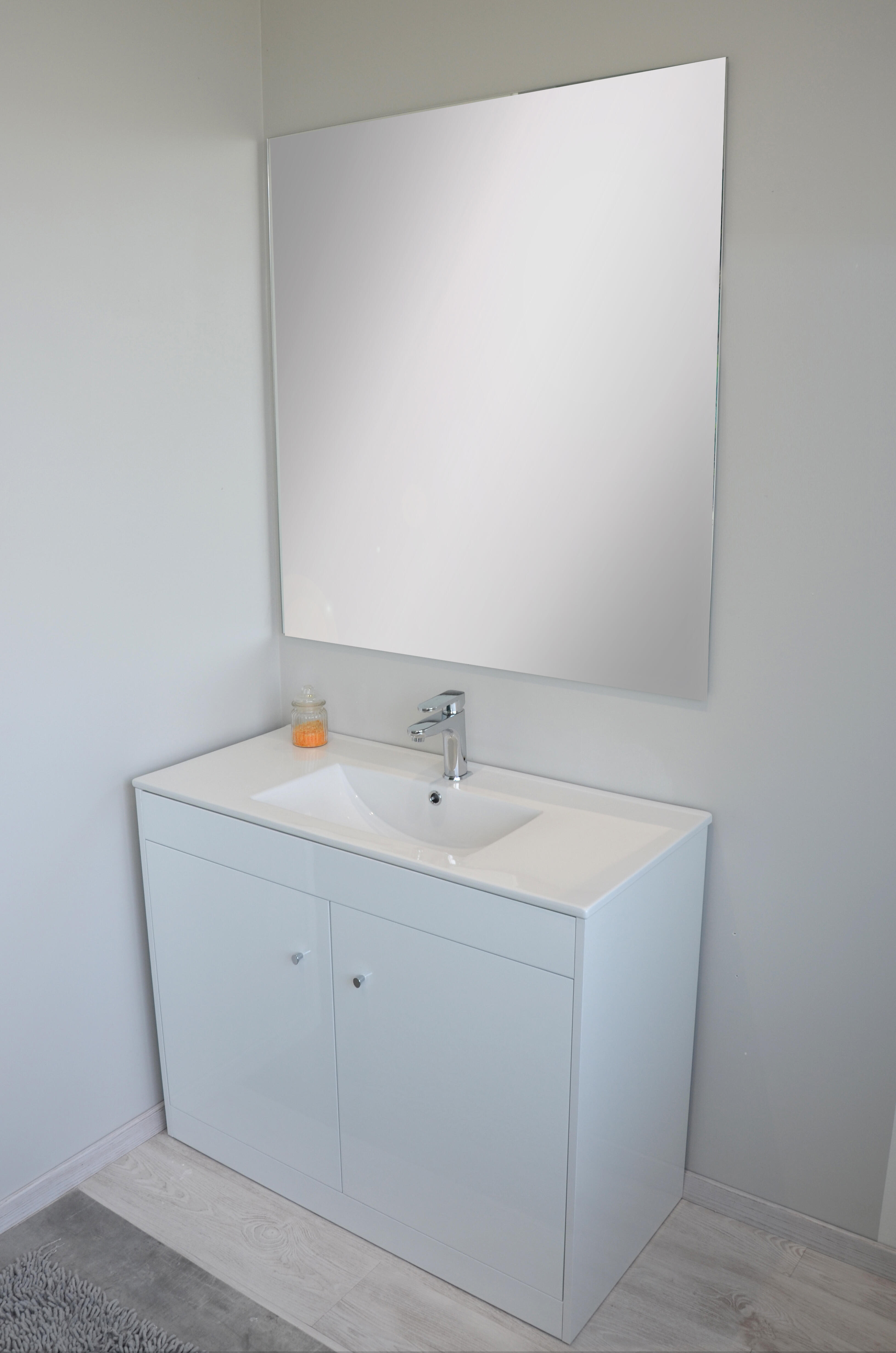 Ensemble meuble de salle de bain sur pieds 2 portes Blanc l.100 x P.45 x H.80 cm + simple vasque blanche + miroir - ABBY - 2