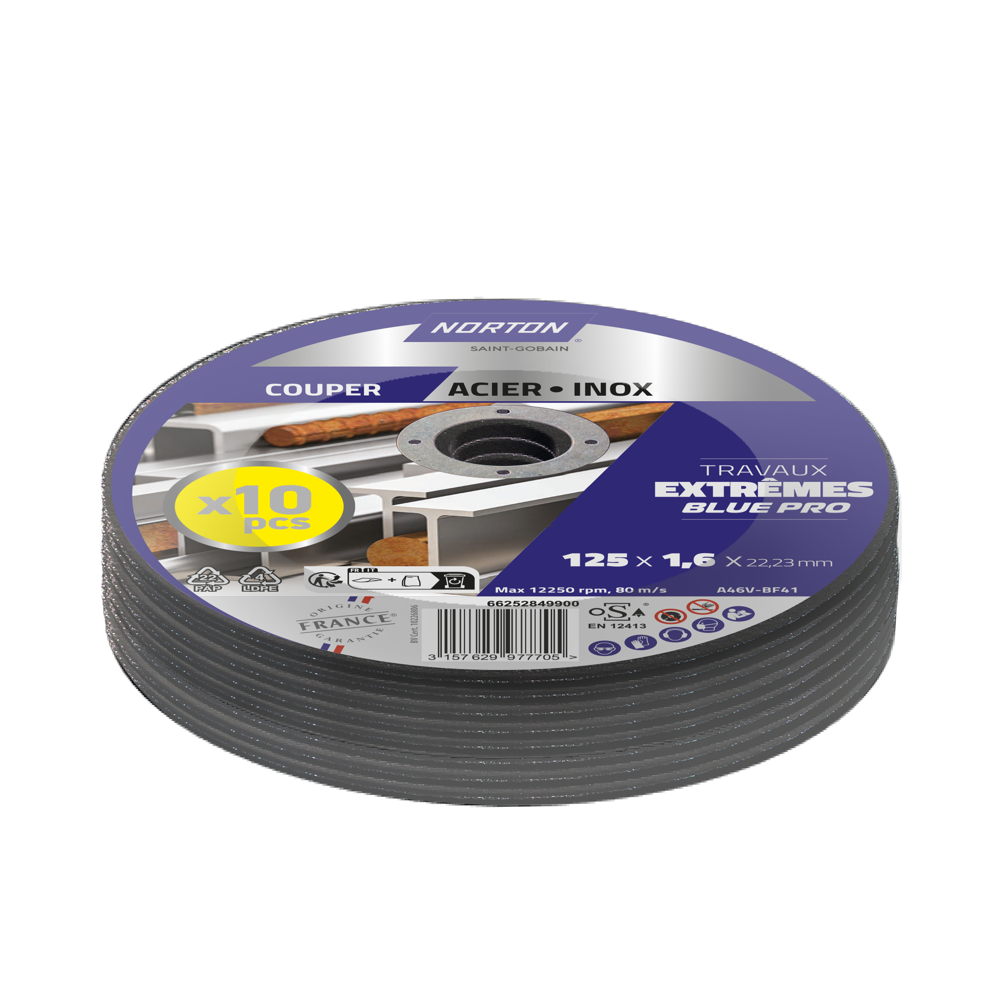 10 Disques à Tronçonner Norton 125x1.0 Mm Pour Acier Inoxydable - Pour Meuleuse D'angle, Grain 60