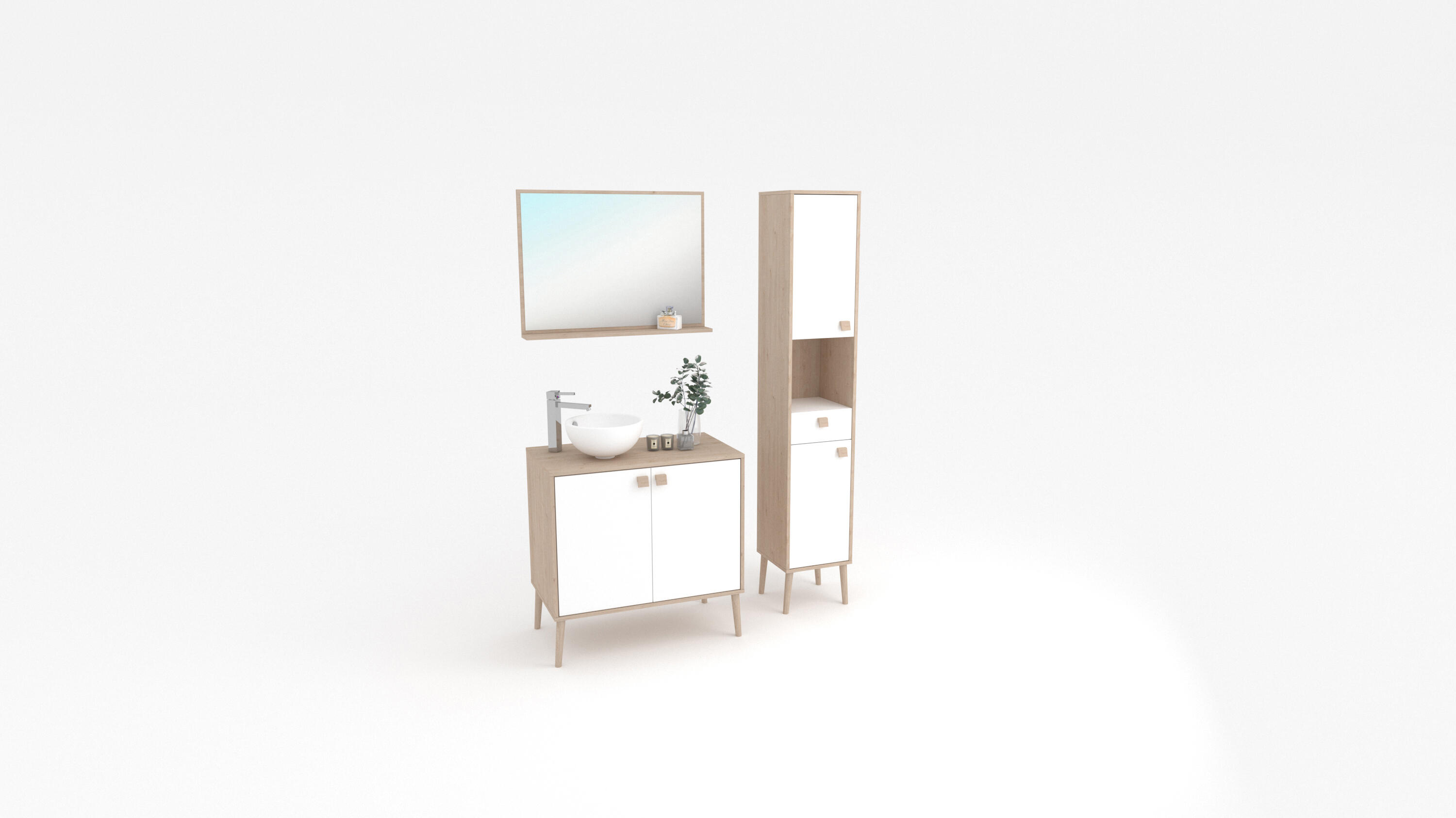 Ensemble meuble de salle de bain sur pieds 2 portes aspect chêne et blanc l.80 x P.46 x H.81,20 cm  + miroir - NIELSEN - 3
