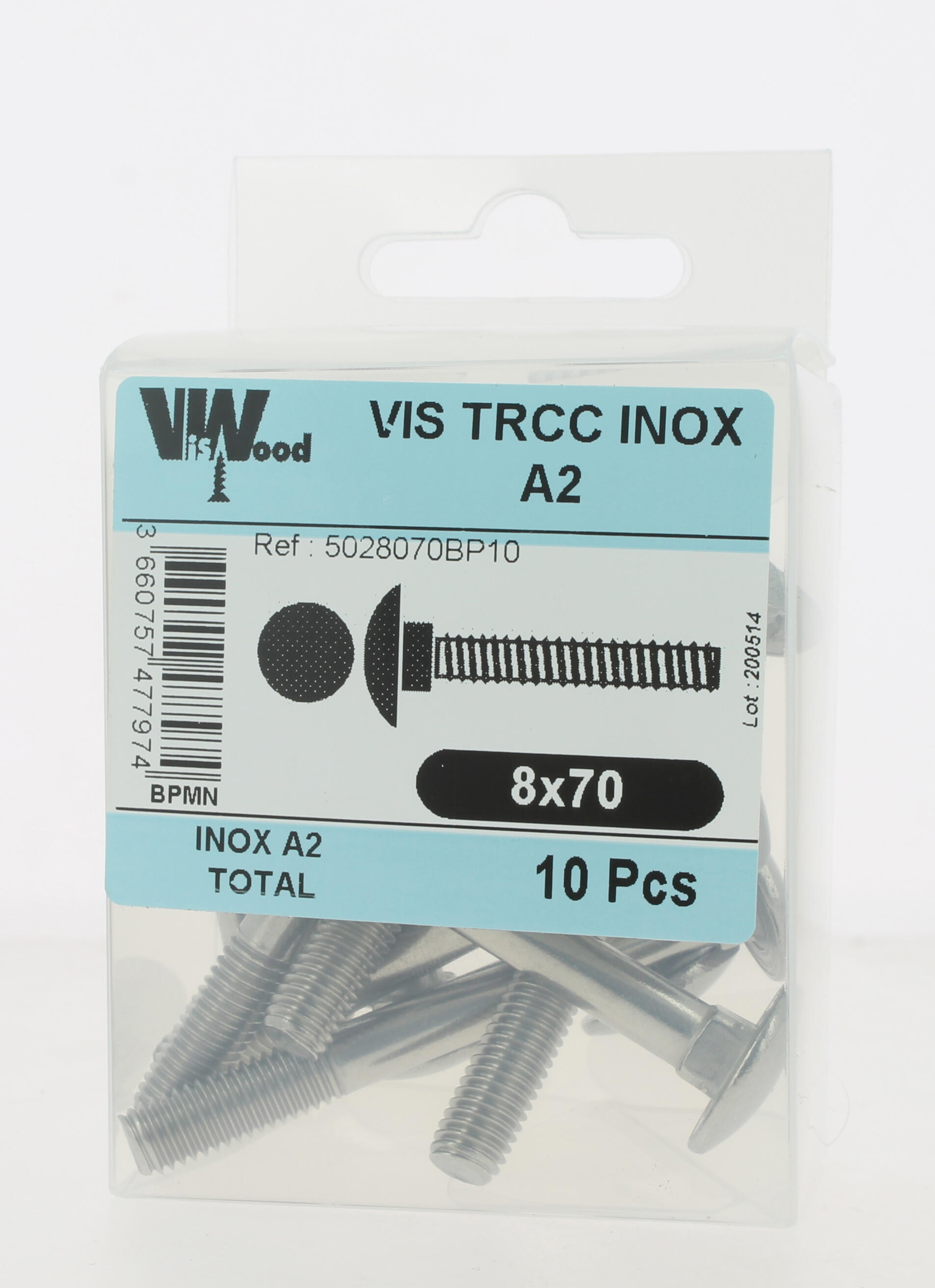 Vis métal inox A2 Diam.8 mm tête ronde collet carré Boîte de 10 - VISWOOD - 3