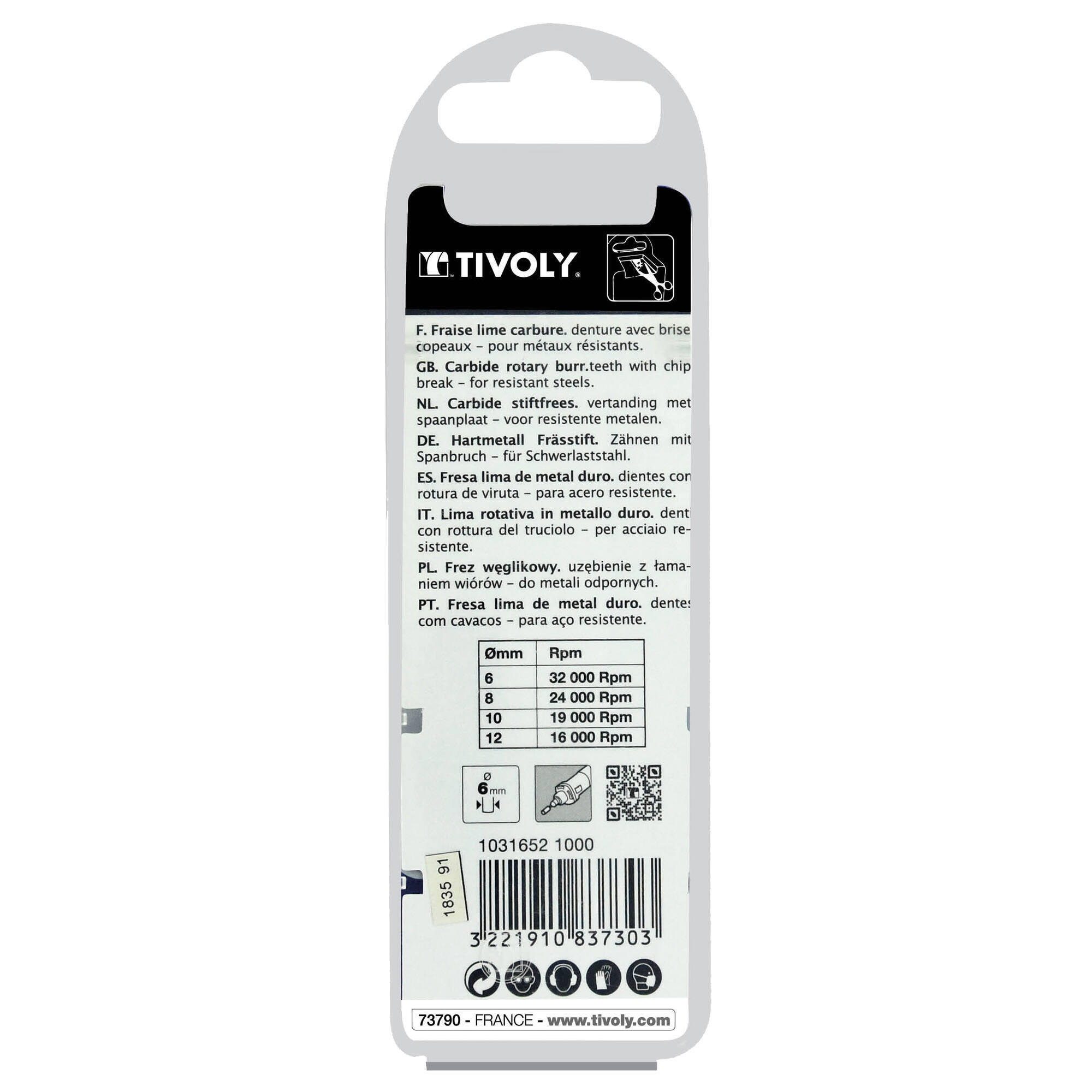 Fraise lime carbure cylindrique à arayon D.10 mm queue de 6 mm L.65mm - 10316521000 TIVOLY   - 3