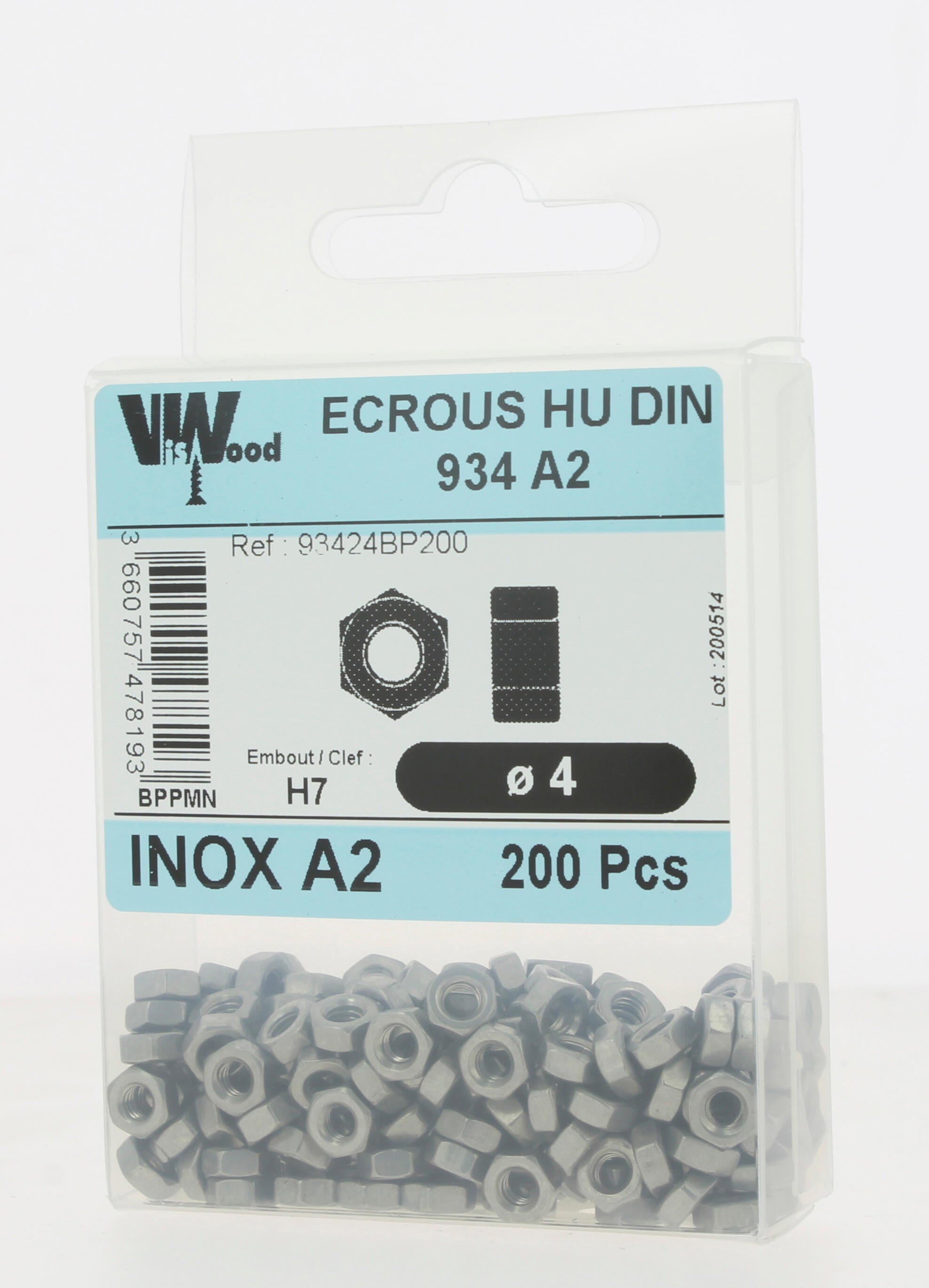 Écrous hexagonaux DIN934 inox A2 Diam. 4 mm Boîte de 200 - VISWOOD - 3