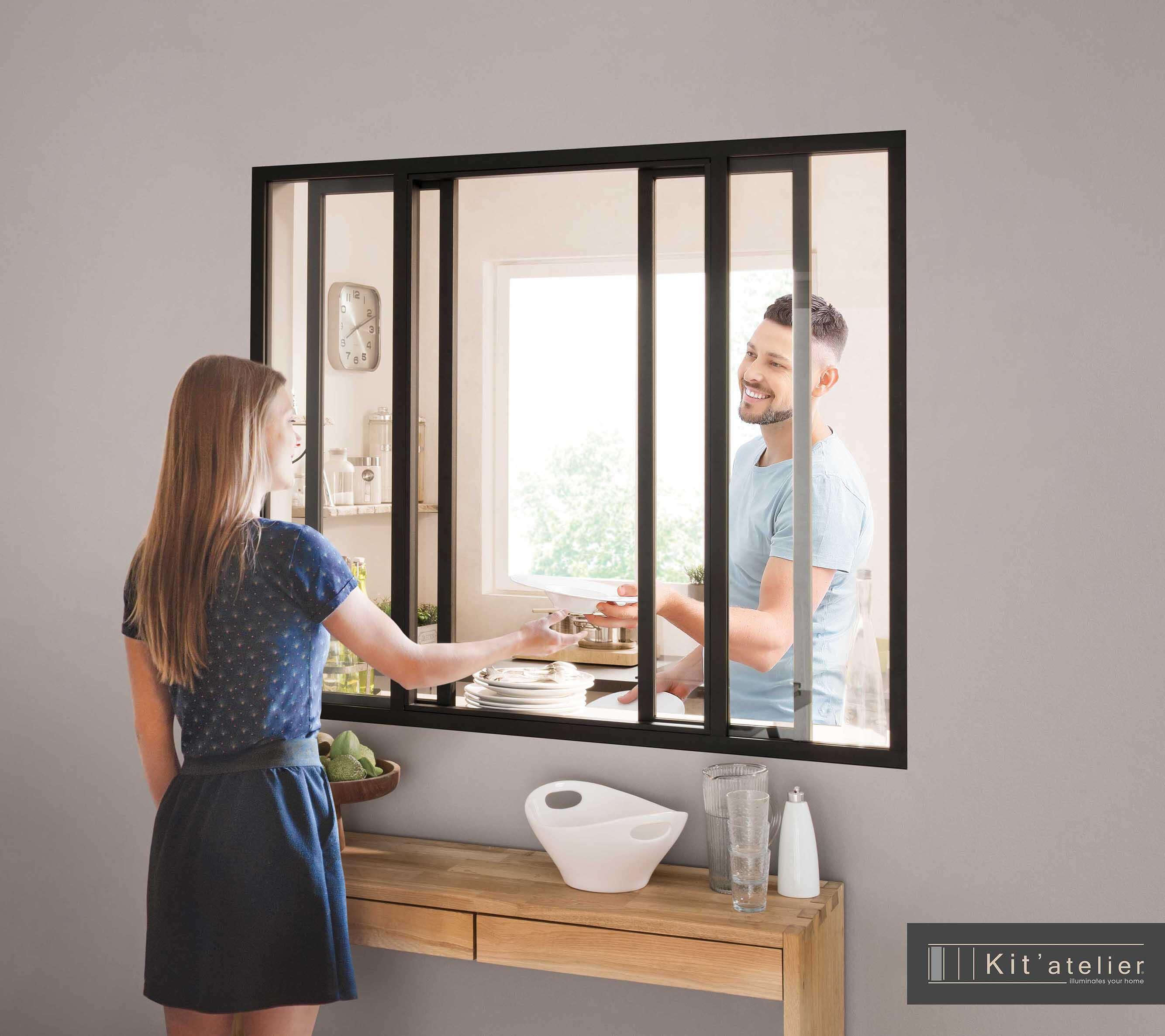 Verrière atelier aluminium coulissante, 4 vitrages inclus H.108 x l.123,20 cm noir sablé - 9