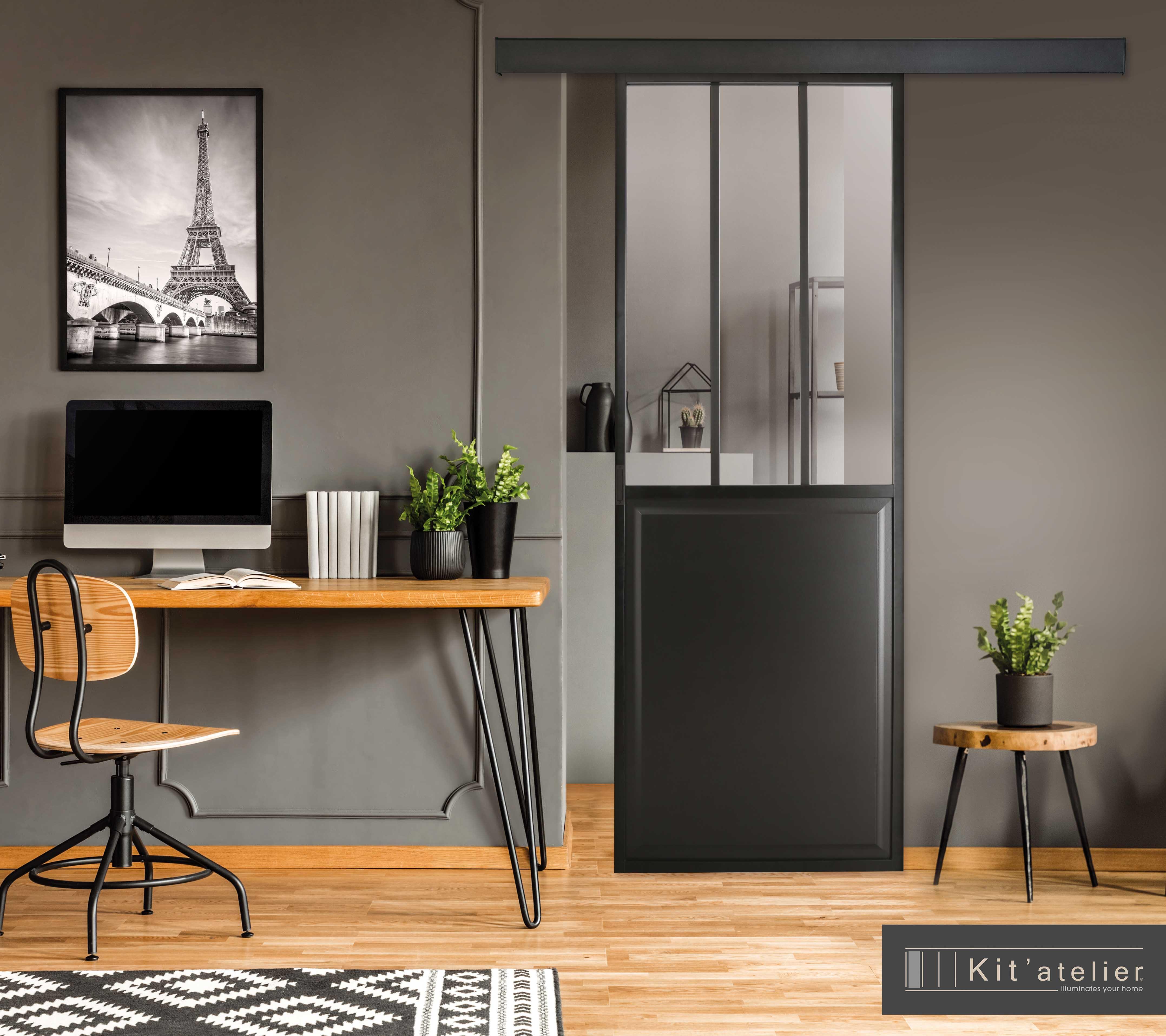Porte coulissante seule Atelier noir sablé Larg.73 cm aluminium extrudé  - 4