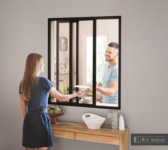 Verrière atelier aluminium coulissante, 3 vitrages inclus H.108 x l.93,20 cm noir sablé