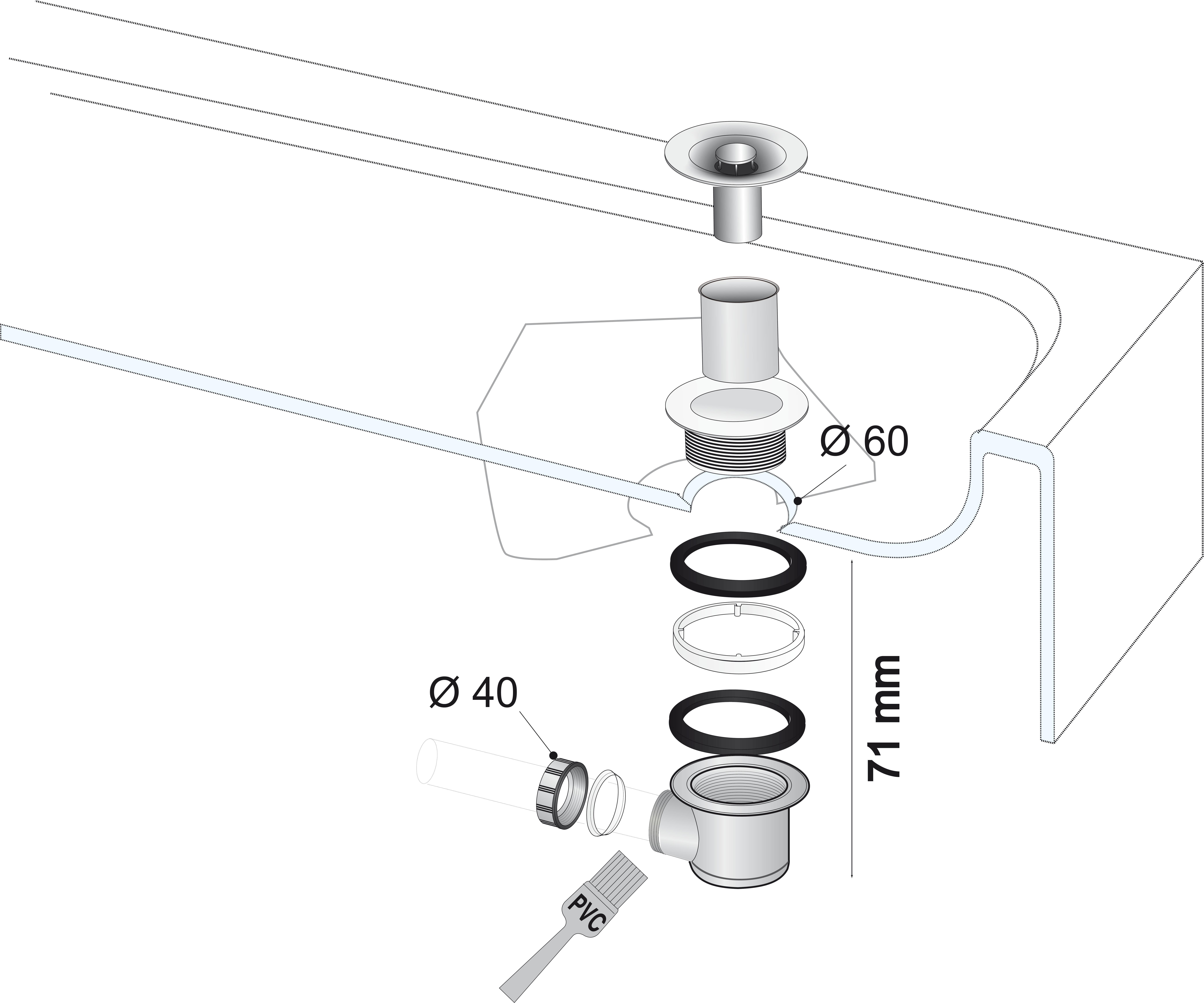 Bonde de douche TOURBILLON Ø 60 mm sortie horizontale grille ABS Ø 85 mm Wirquin Pro - 3