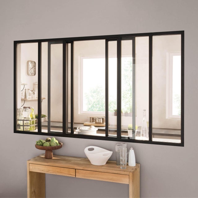 Verrière atelier aluminium coulissante, 6 vitrages inclus H.108 x l.183,20 cm noir sablé