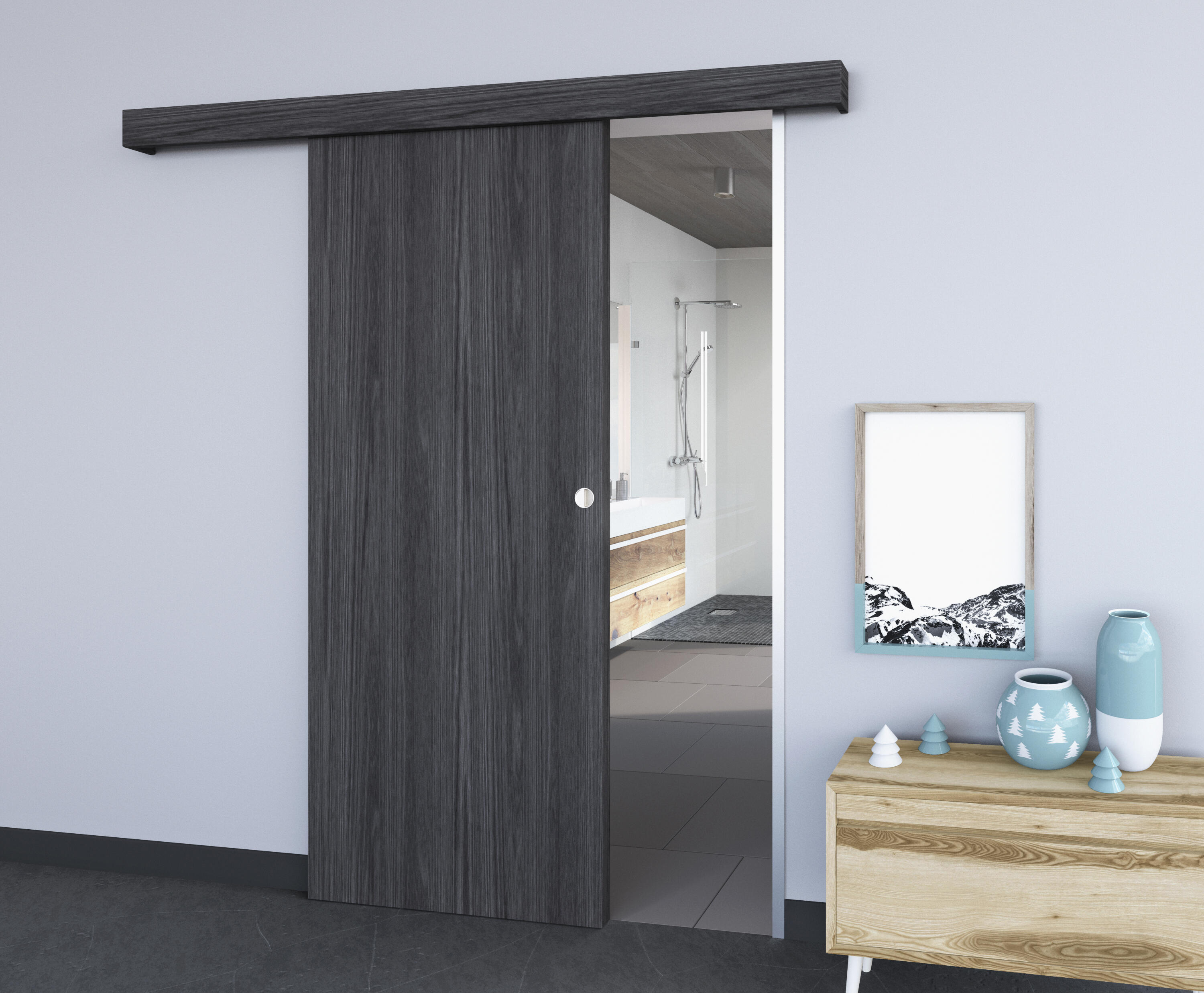 Rail pour porte coulissante Larg.83 cm en applique aluminium blanc avec porte , habillage et amortisseur - 3