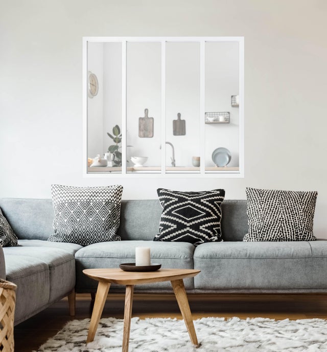 Verrière atelier aluminium fixe, 4 vitrages inclus H.108 x l.123,20 cm blanc sablé