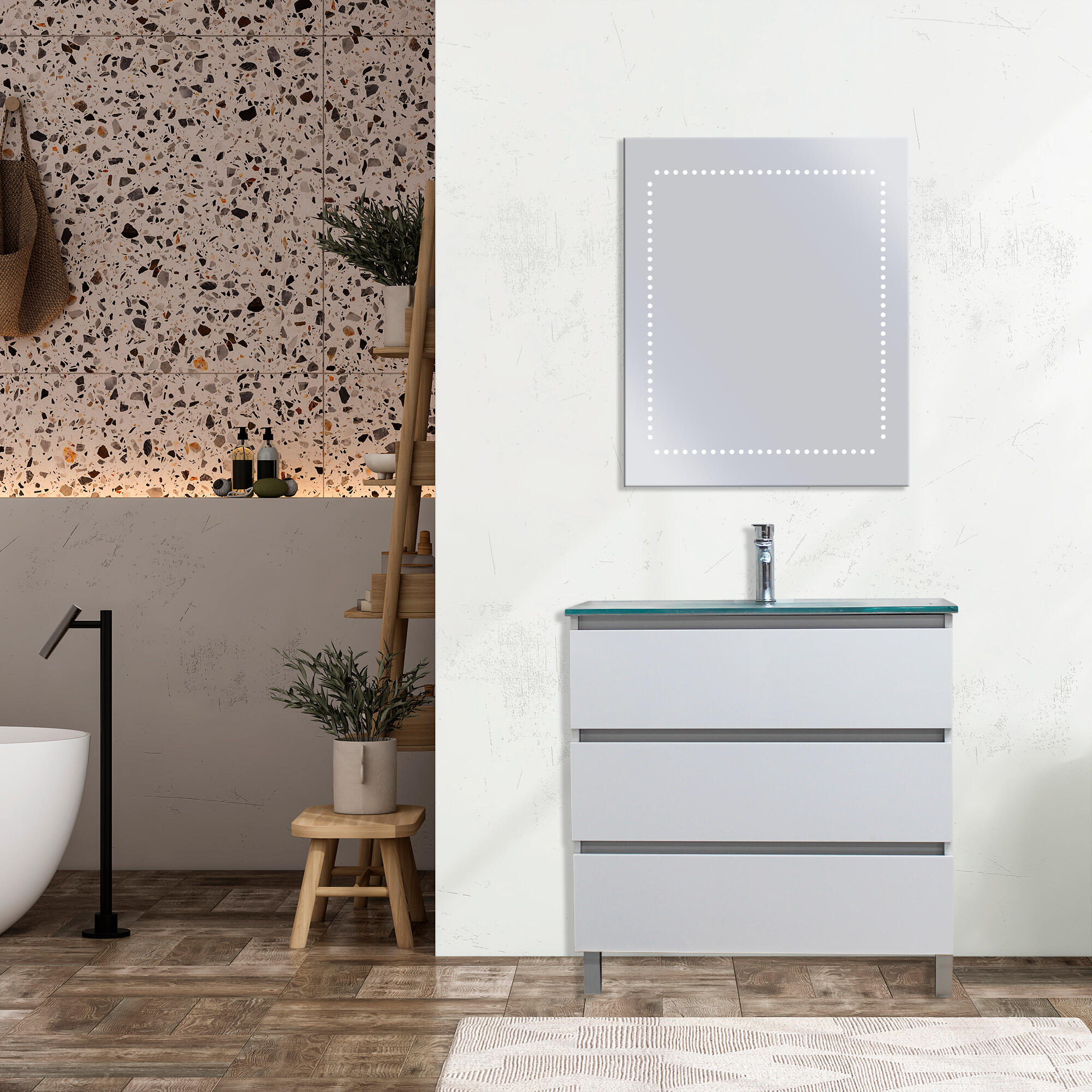 Mueble de baño con lavabo y espejo led laris 60 cm plata